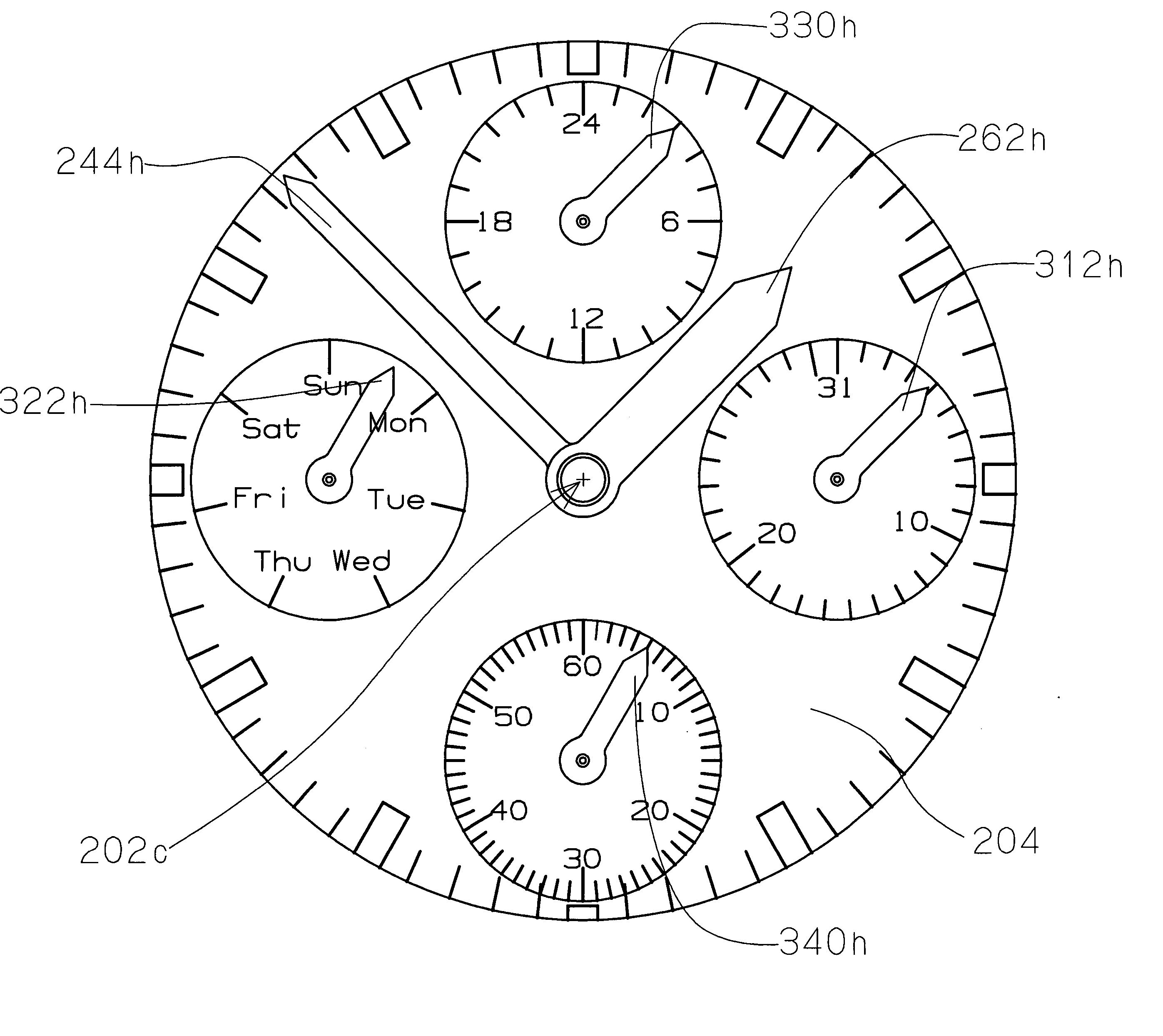 Multifunction timepiece capable of constituting plural fan shape moving hand train wheel layouts