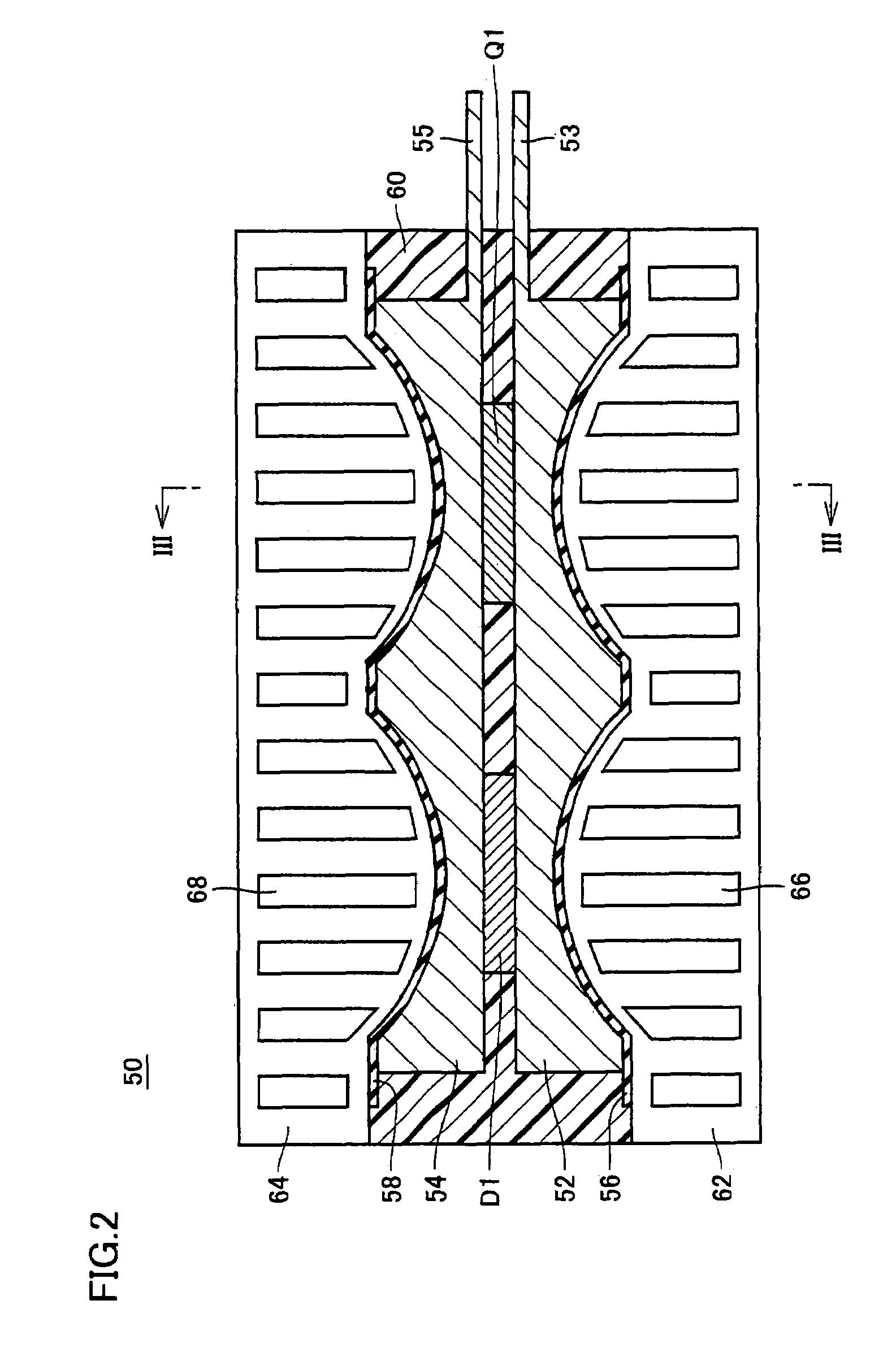 Heat dissipating fins opposite semiconductor elements