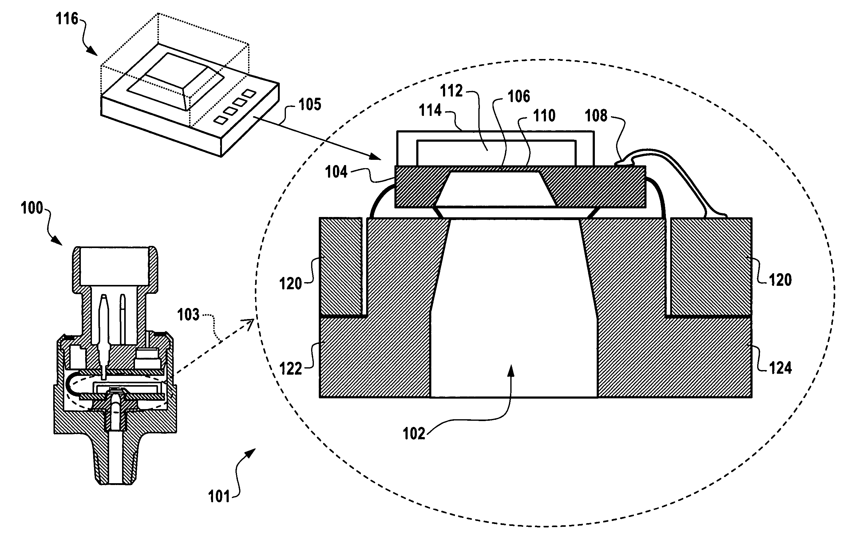 Exhaust back pressure sensor using absolute micromachined pressure sense die