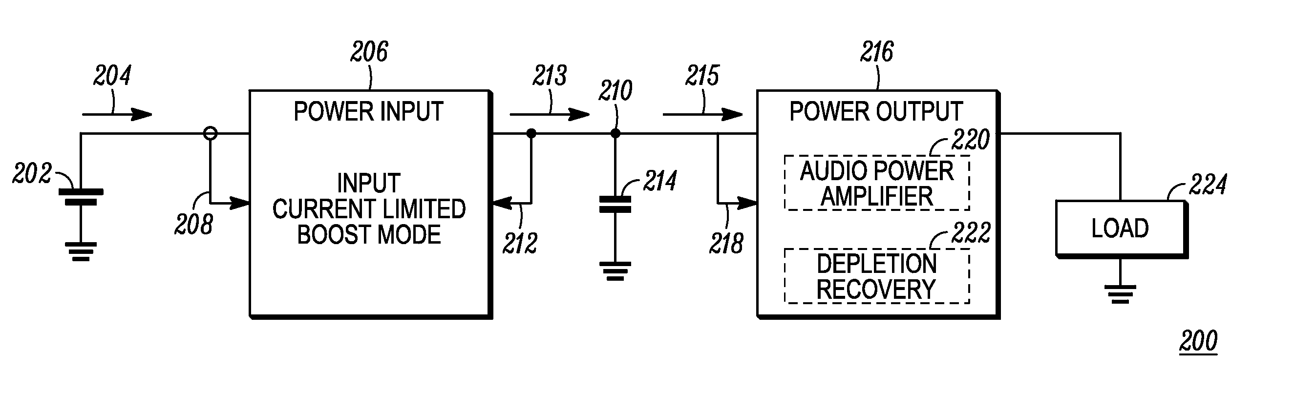 Input current limited power supply and audio power amplifier for high power reproduction of nondeterministic signals