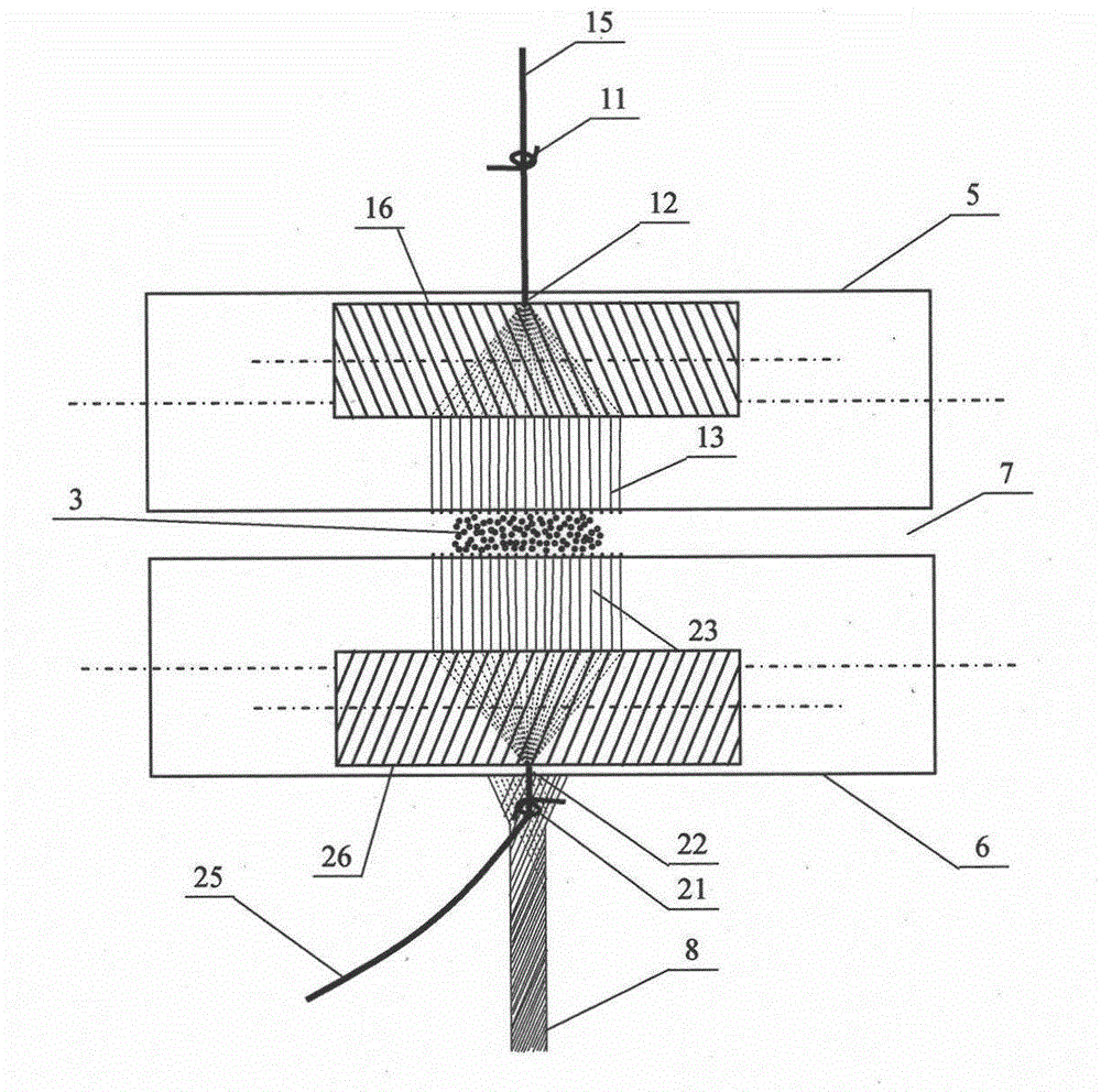 Top covering and bottom supporting type three-shafting composite yarn, spinning method and applications thereof