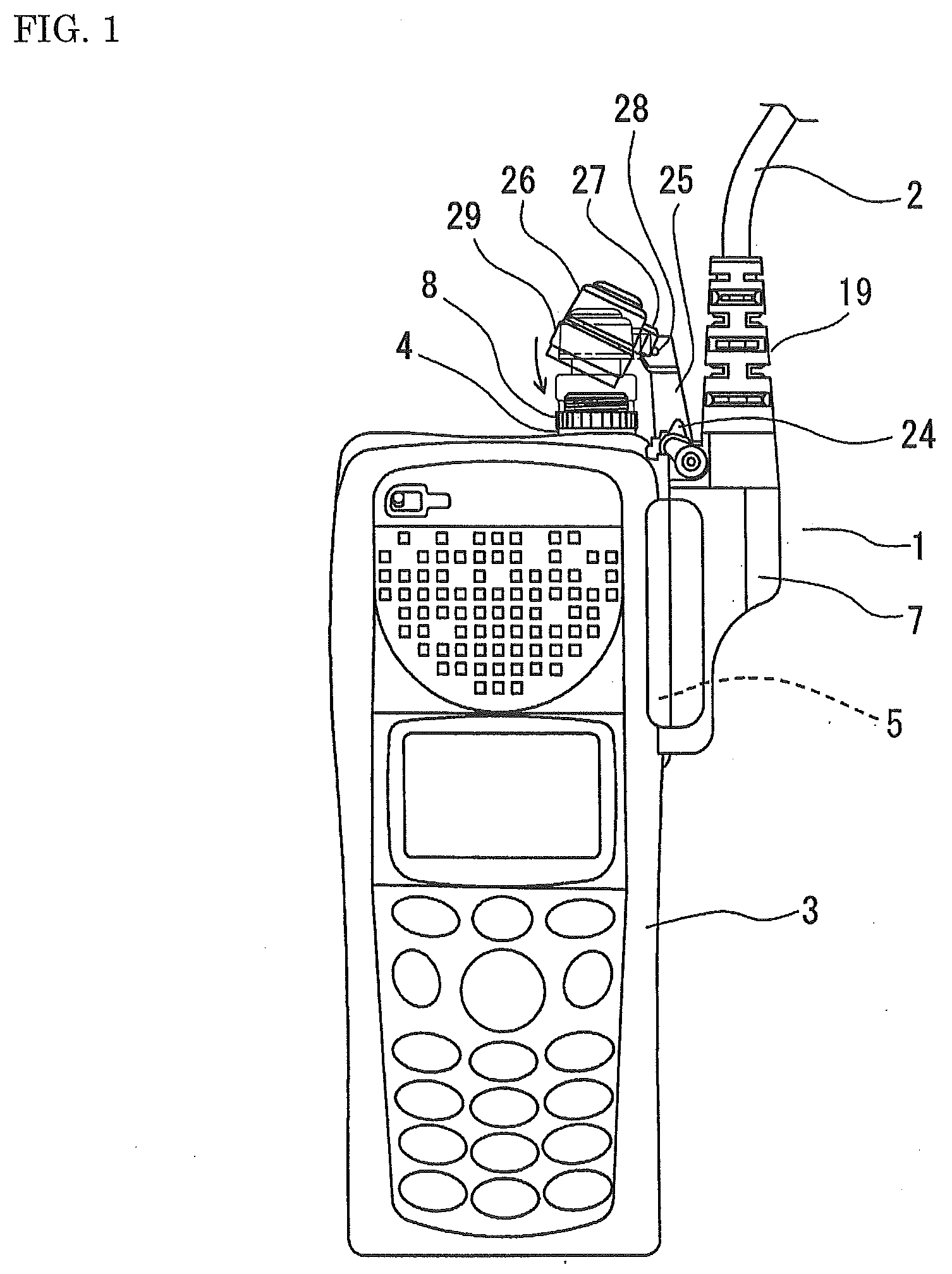 Connector for connecting cable of hand microphone with antenna to portable radio machine body