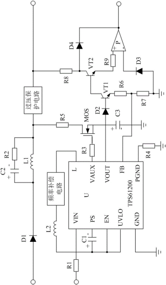 Overvoltage protection white light LED (Light-Emitting Diode) boost conversion system based on frequency compensating circuit