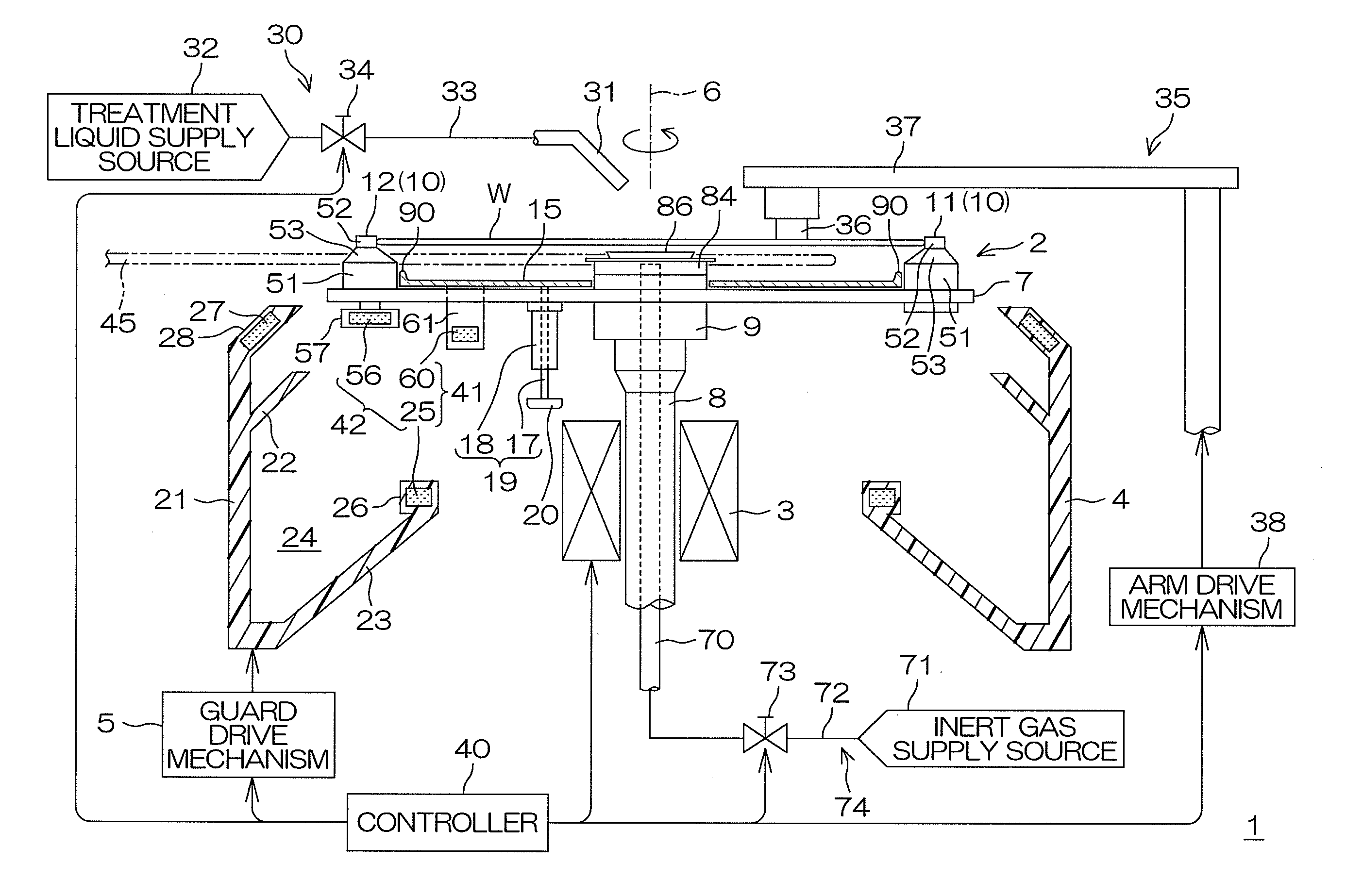 Substrate holding and rotating device, substrate treatment apparatus including the device, and substrate treatment method