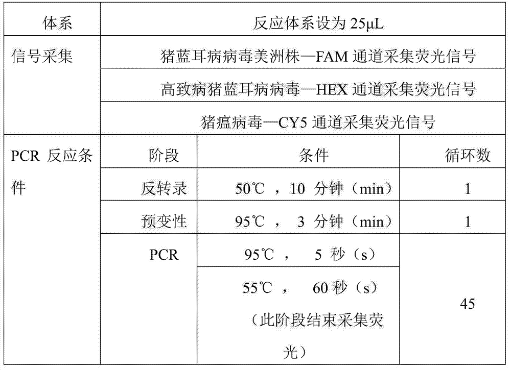 Triplet fluorescence quantitative detection kit for PRRSV (Porcine reproductive and respiratory syndrome virus), HP-PRRSV (Highly pathogenic porcine reproductive and respiratory syndrome virus) and CSFV (Classical Swine Fever Virus)