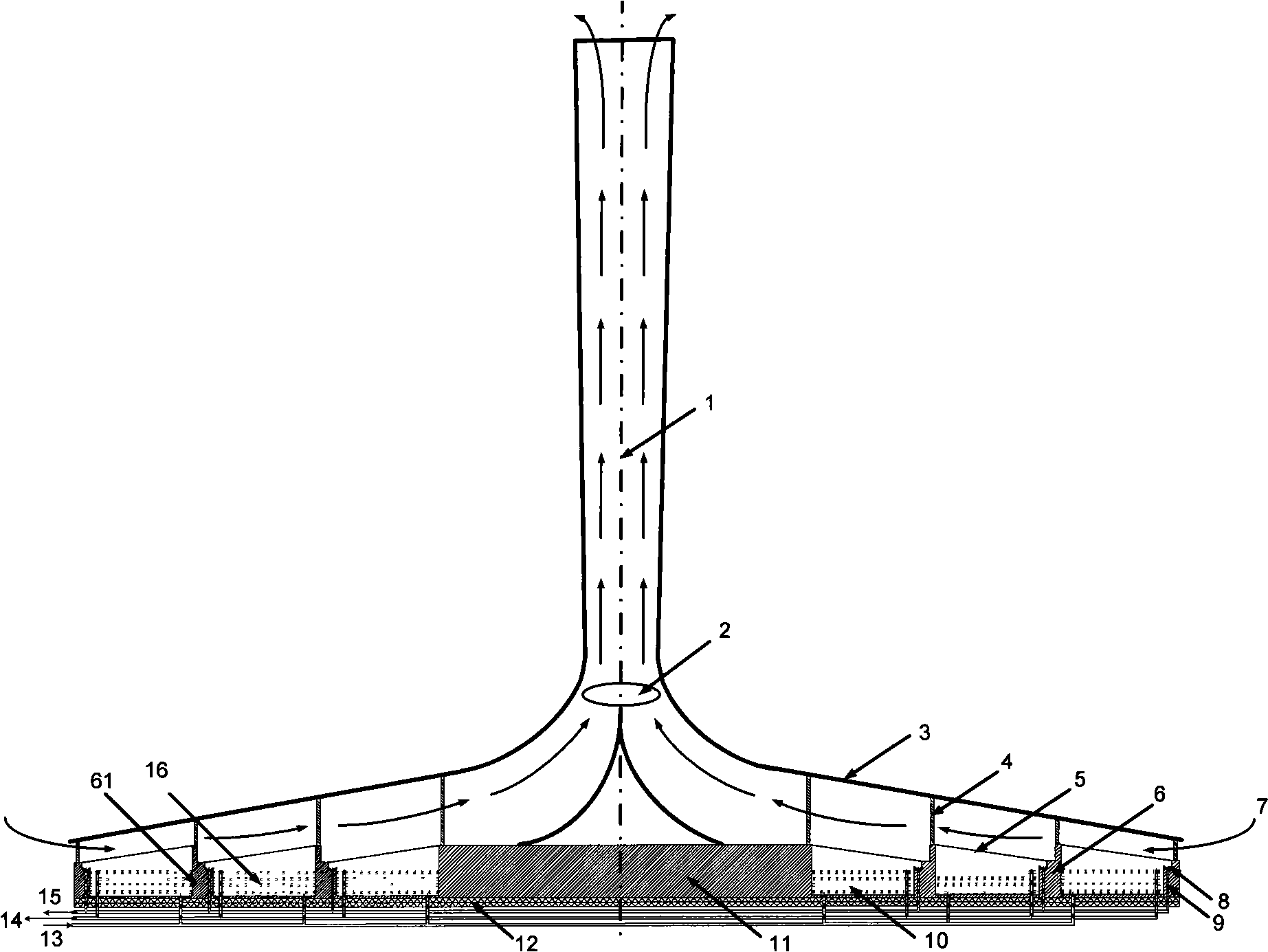 Chimney generation and desalination device by solar