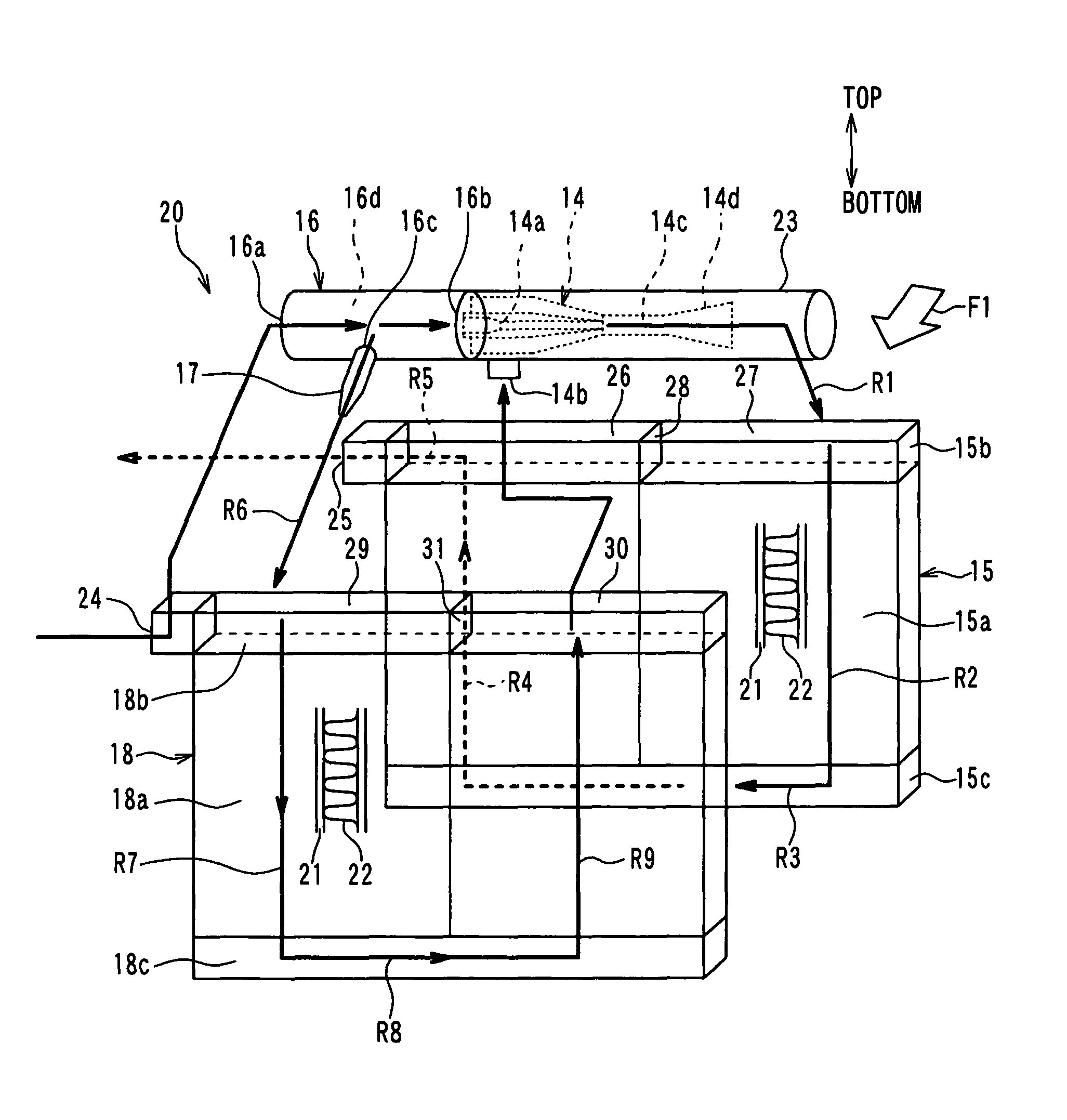 Dual evaporator unit with integrated ejector having refrigerant flow adjustability