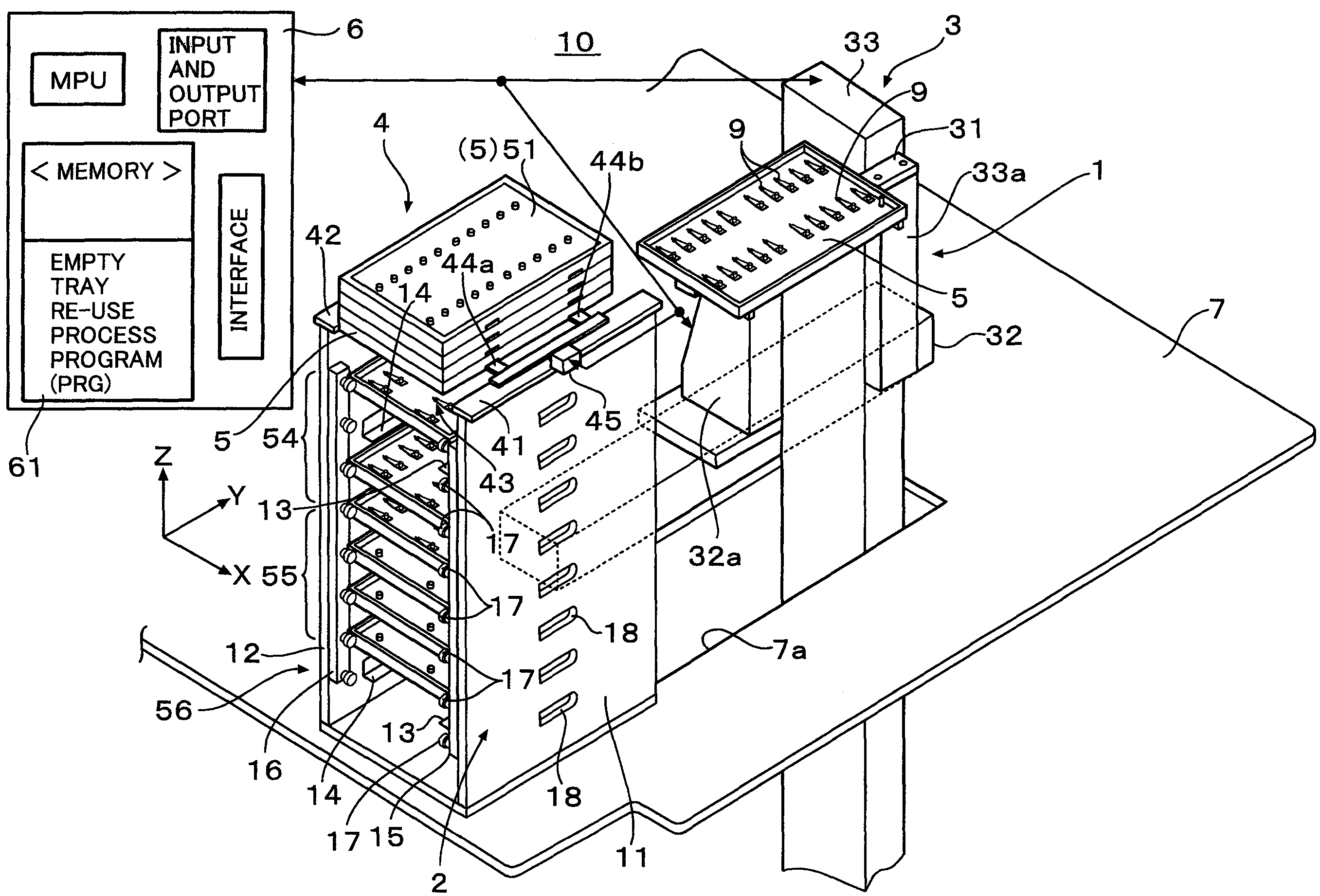 Handling mechanism of trays with which electronic parts are fed and inspection device of the electronic parts using the mechanism