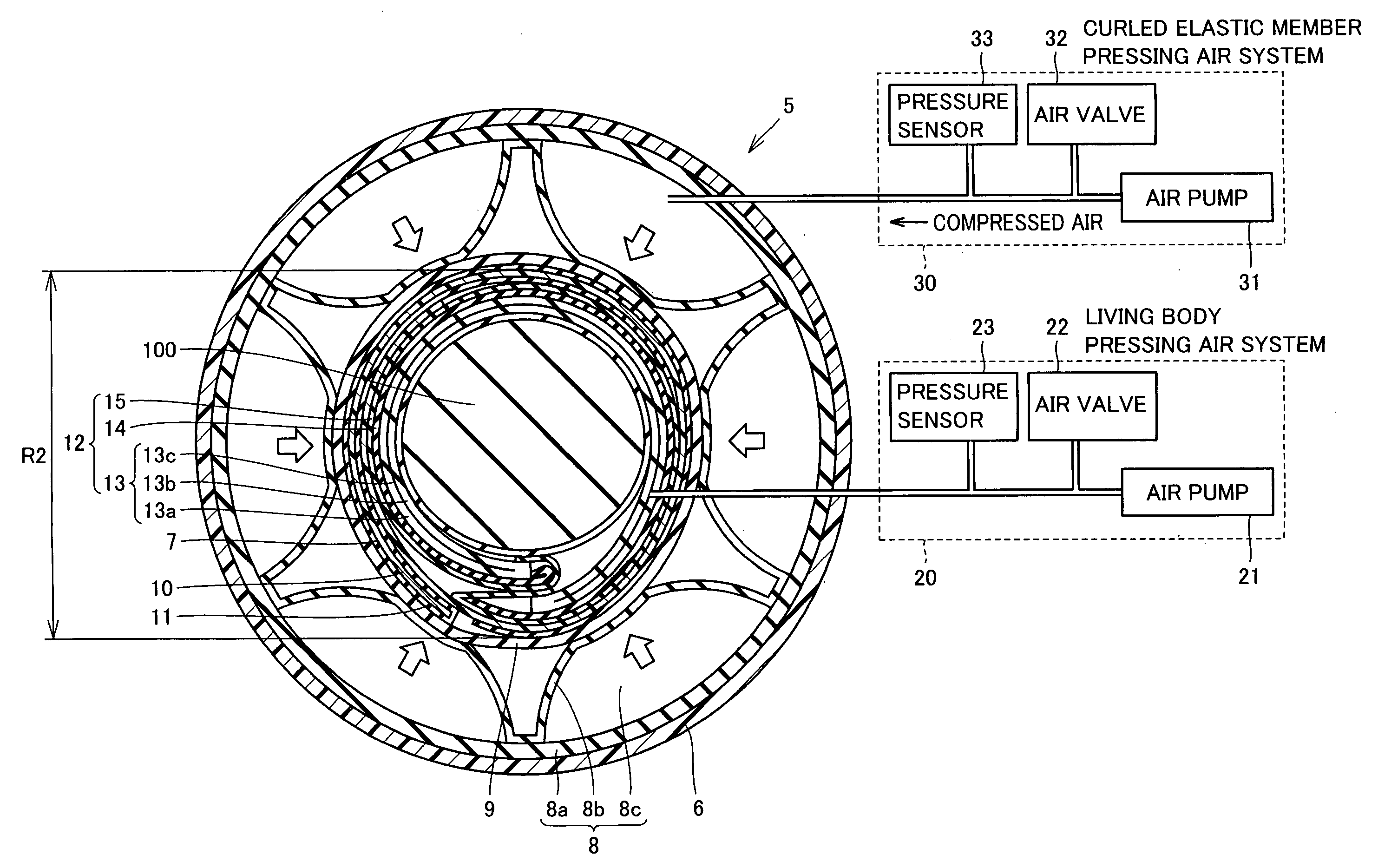 Device for securing living body by pressing