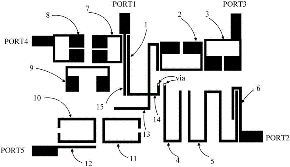 Miniaturized microstrip quadruplexing device