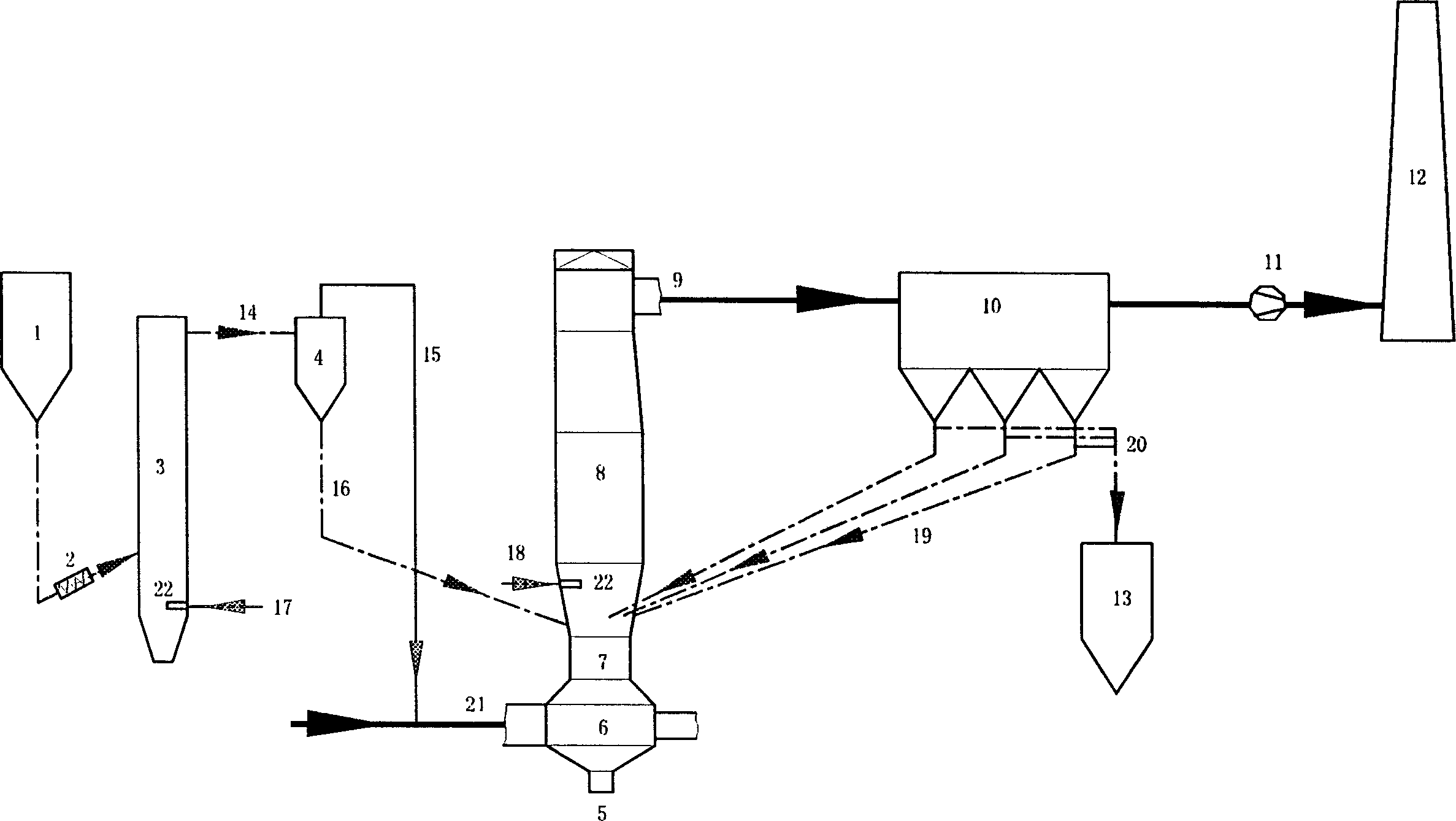 Dry-stack gas desulful-izing method using position regulatable water sprag atomization method