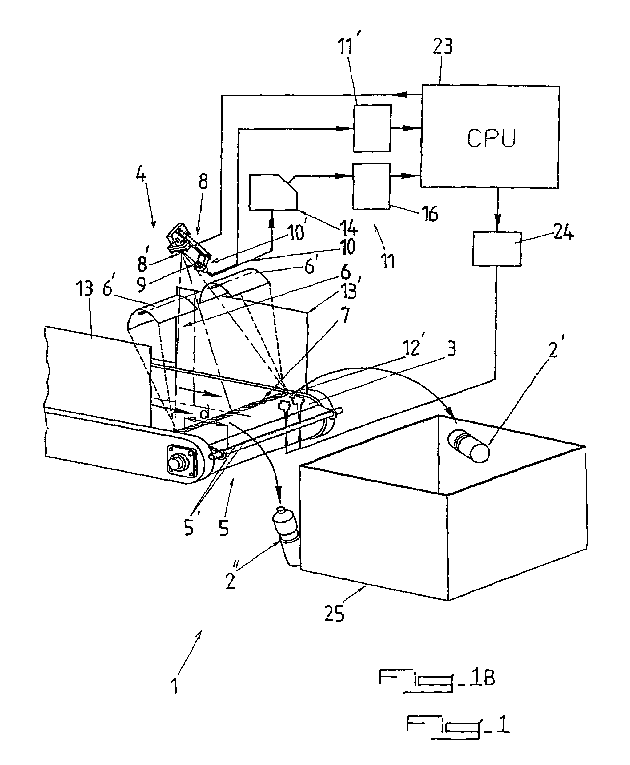 Device and method for automatically inspecting objects traveling in an essentially monolayer flow