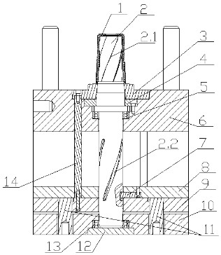 A mechanism for the top plate of an injection mold to drive the screw to rotate and eject the mold