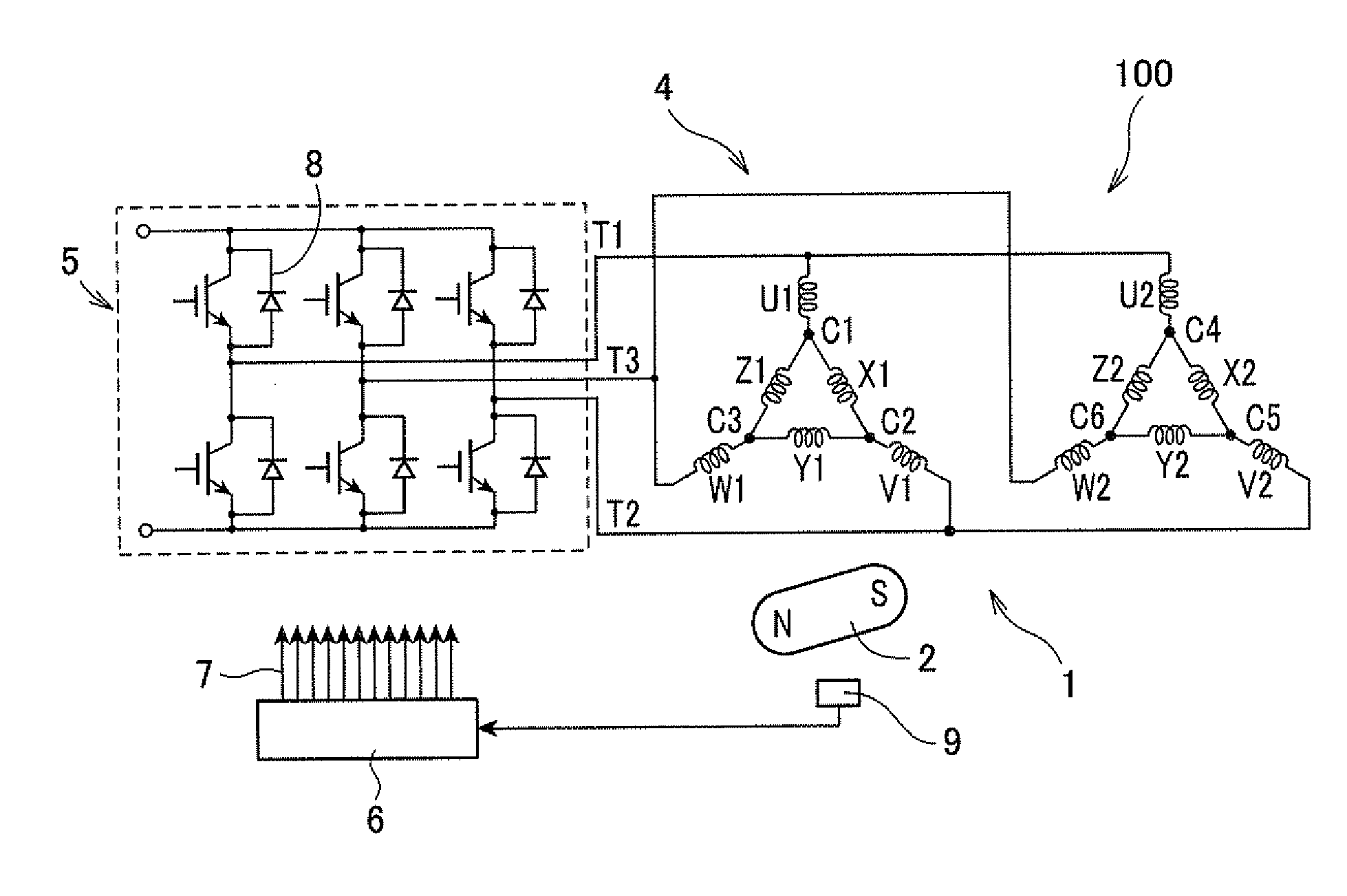 Electric rotating machine drivable with a single three-phase inverter