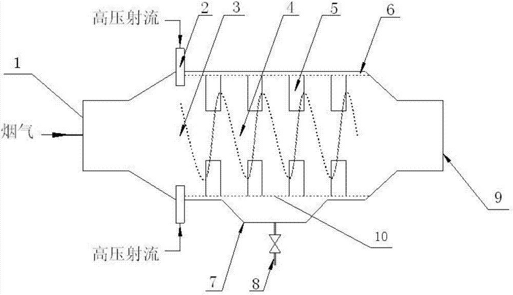 Device and method for coagulating fine particles under tangentially circular cyclone atomization and sound wave action