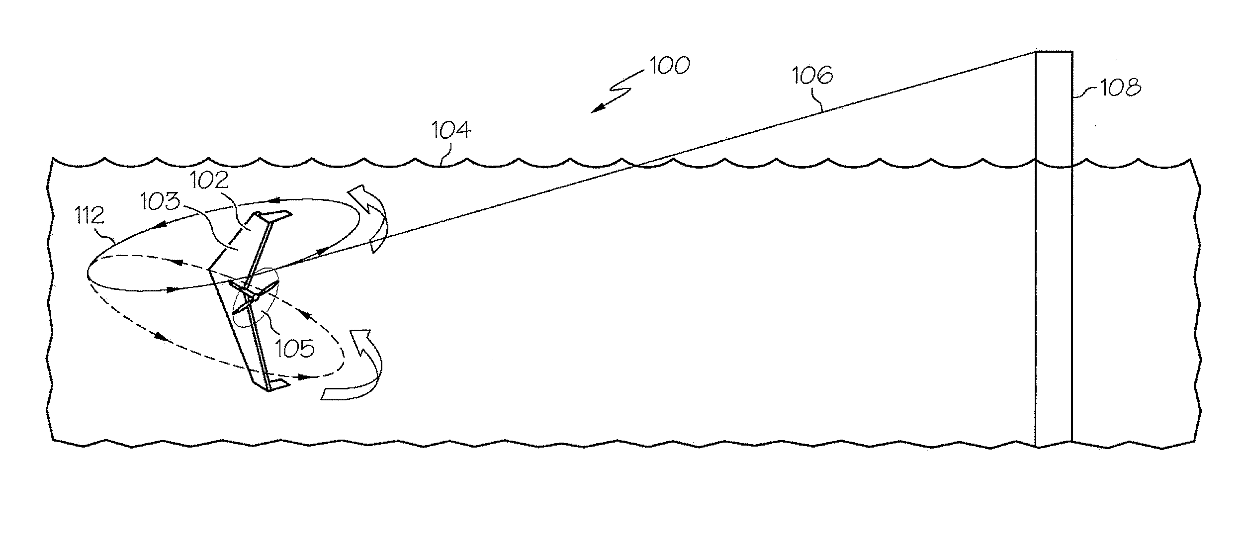 Tethered aquatic device with water power turbine