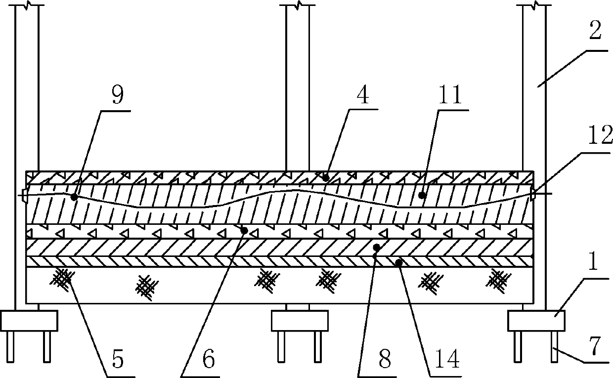 Method for preventing settlement and cracking of large-area terrace in soft soil area by adopting unbounded prestressing concrete beams