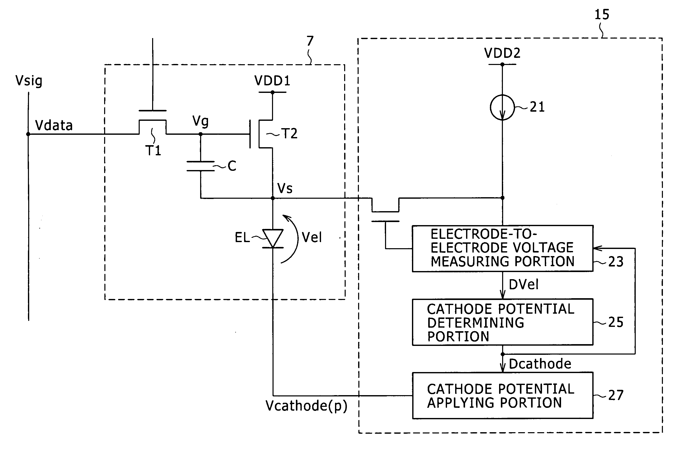 Cathode potential controller, self light emission display device, electronic apparatus, and cathode potential controlling method