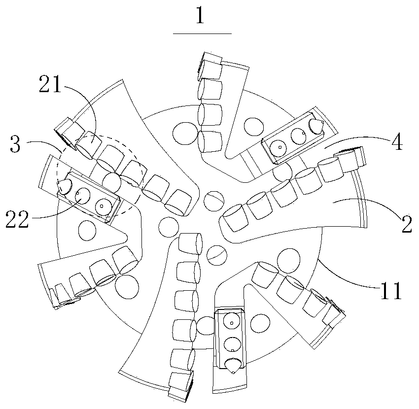 PDC (Polycrystalline Diamond Compact) drilling head with dynamic stress interference principle