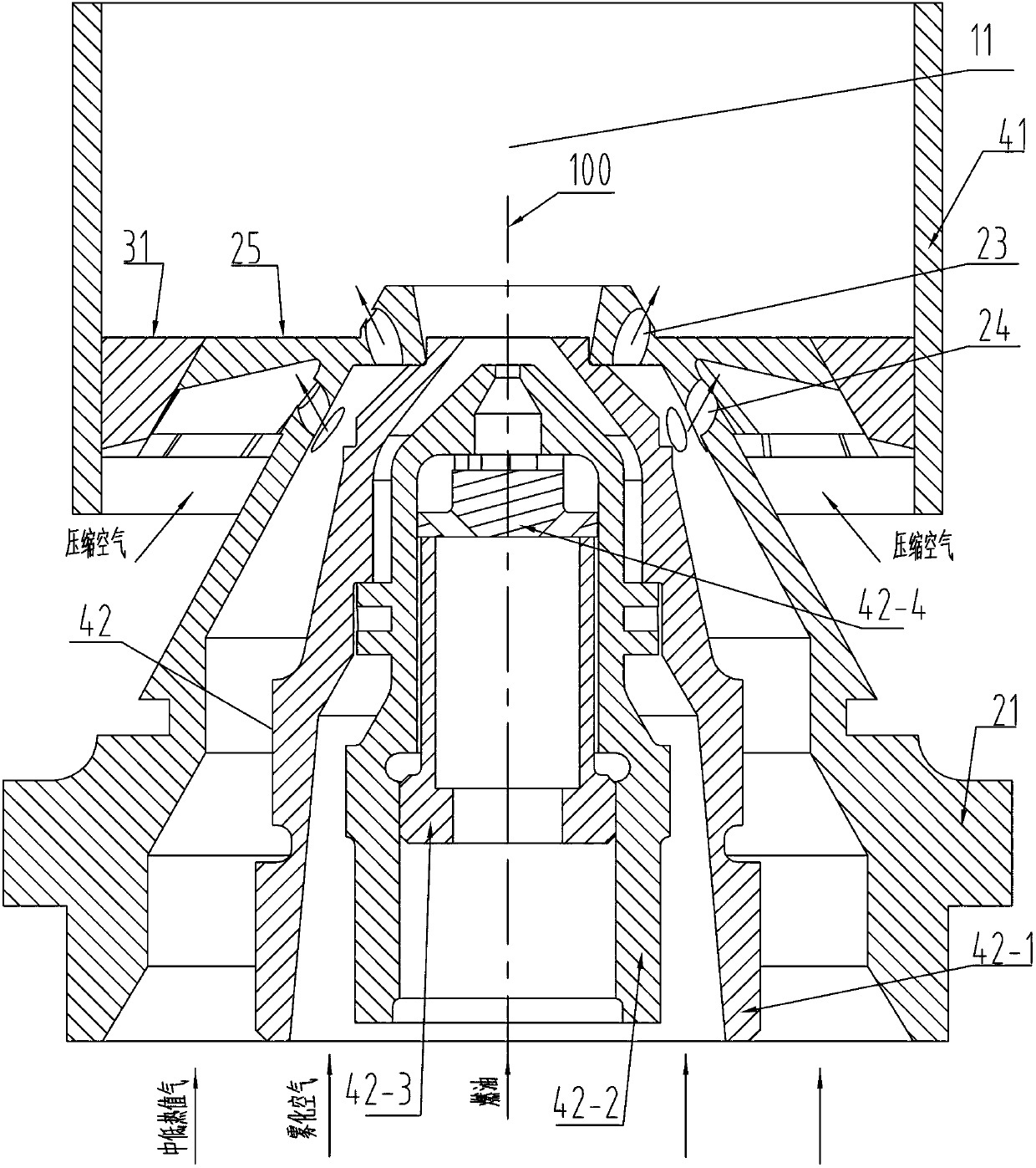 Unit nozzle for organizing combustion of large flow medium and low calorific value fuel