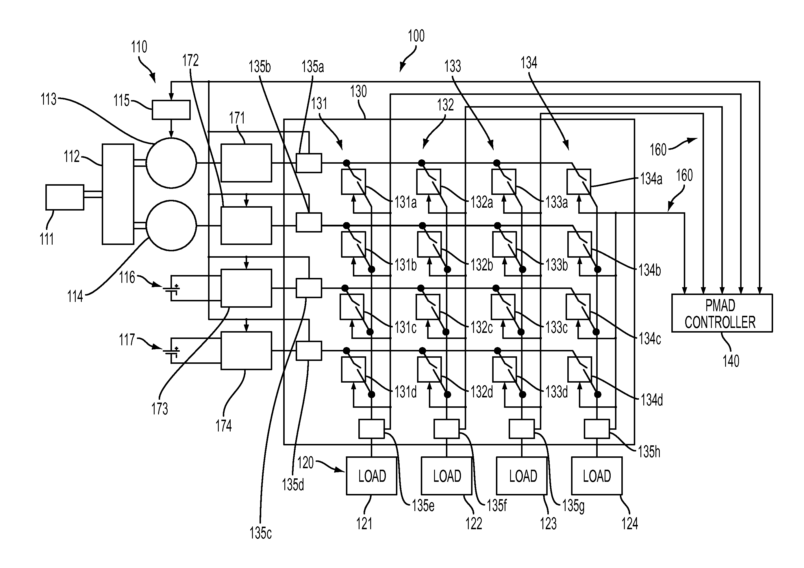 Reconfigurable matrix-based power distribution architecture