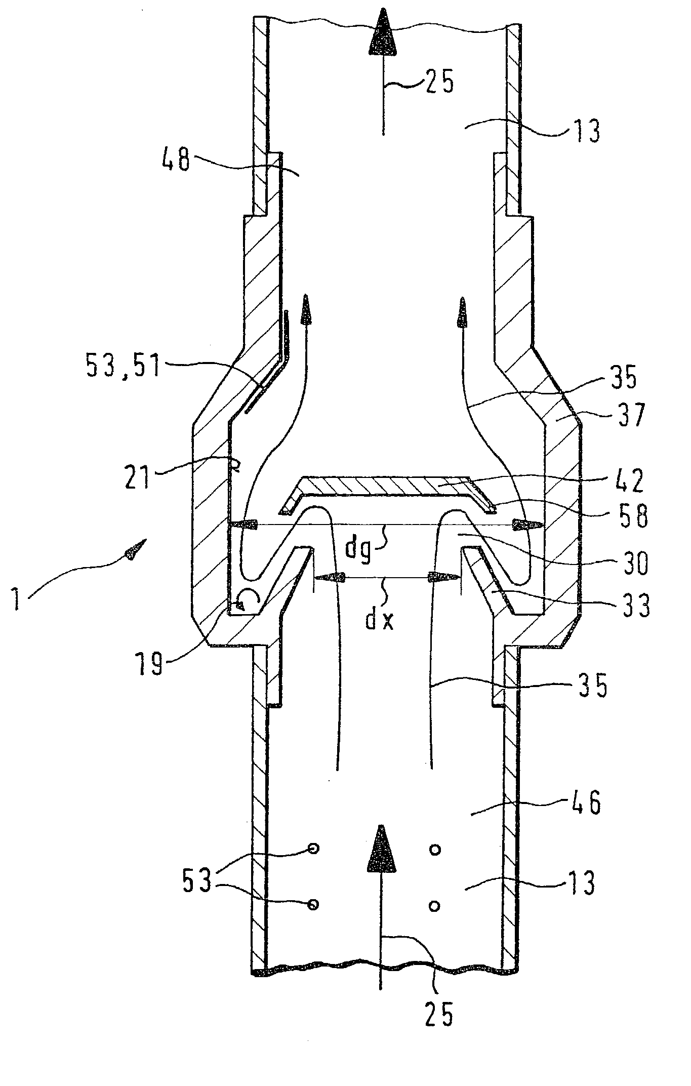 Device for the separation of gas and liquid/solid particles in a mixture of gas and fluid/solid particles flowing in a line and method for the separation thereof