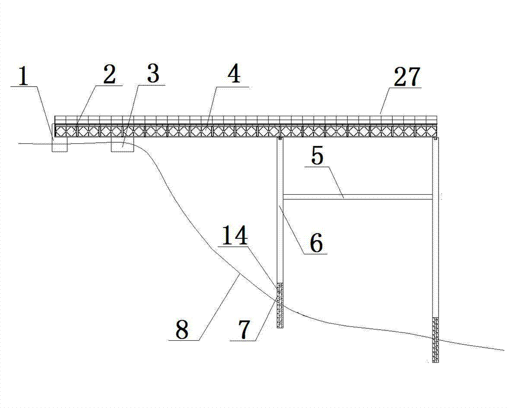 Overhead trestle structure built on non-covering steep bare rocks in deep rapids