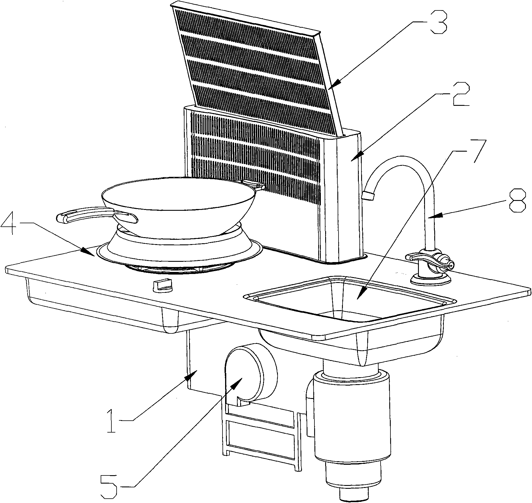 Vertical lifting fume extracting system, gas stove and integral cabinet