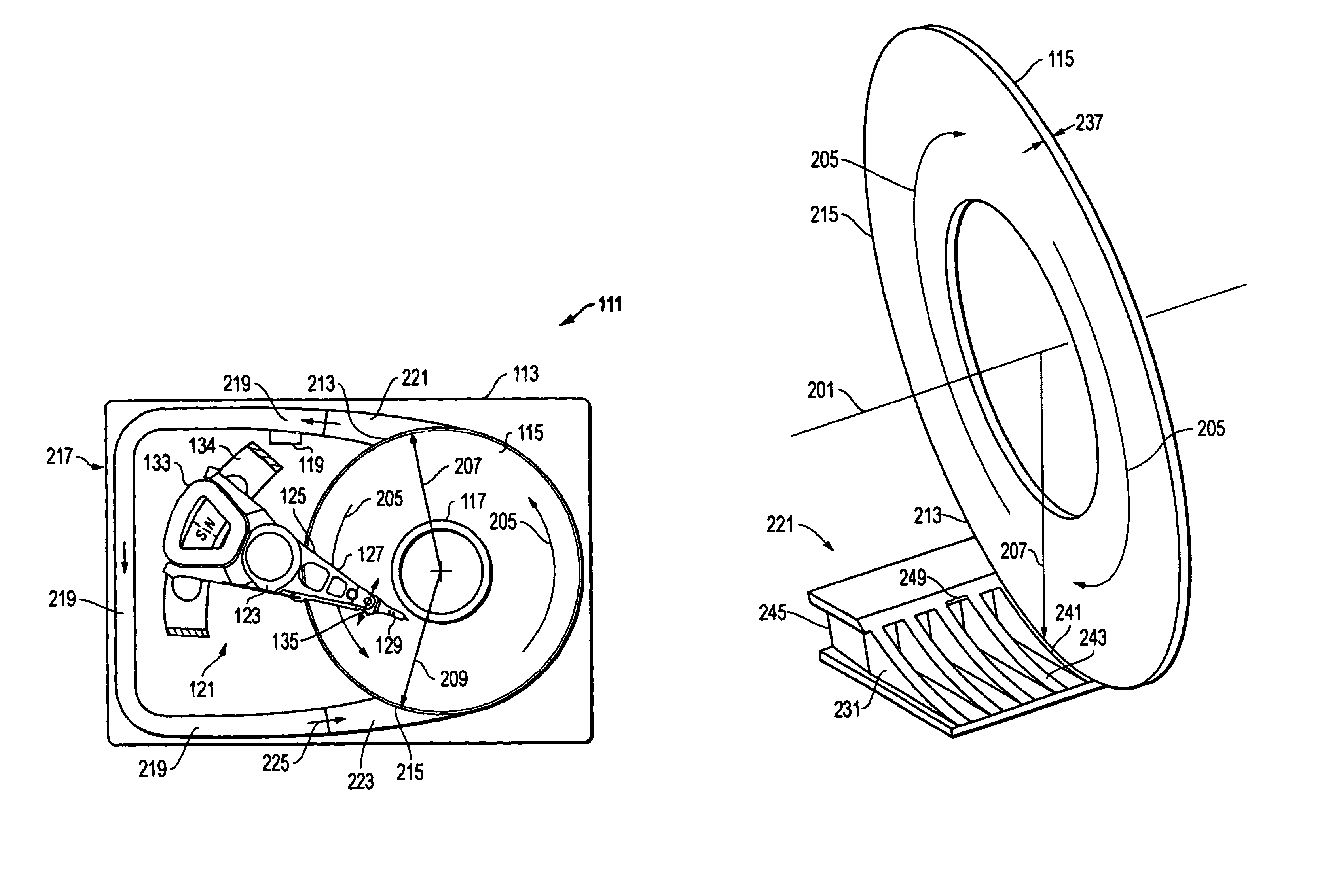 Hard disk drive with aerodynamic diffuser, contraction, and fairing for disk base and re-acceleration drag reduction