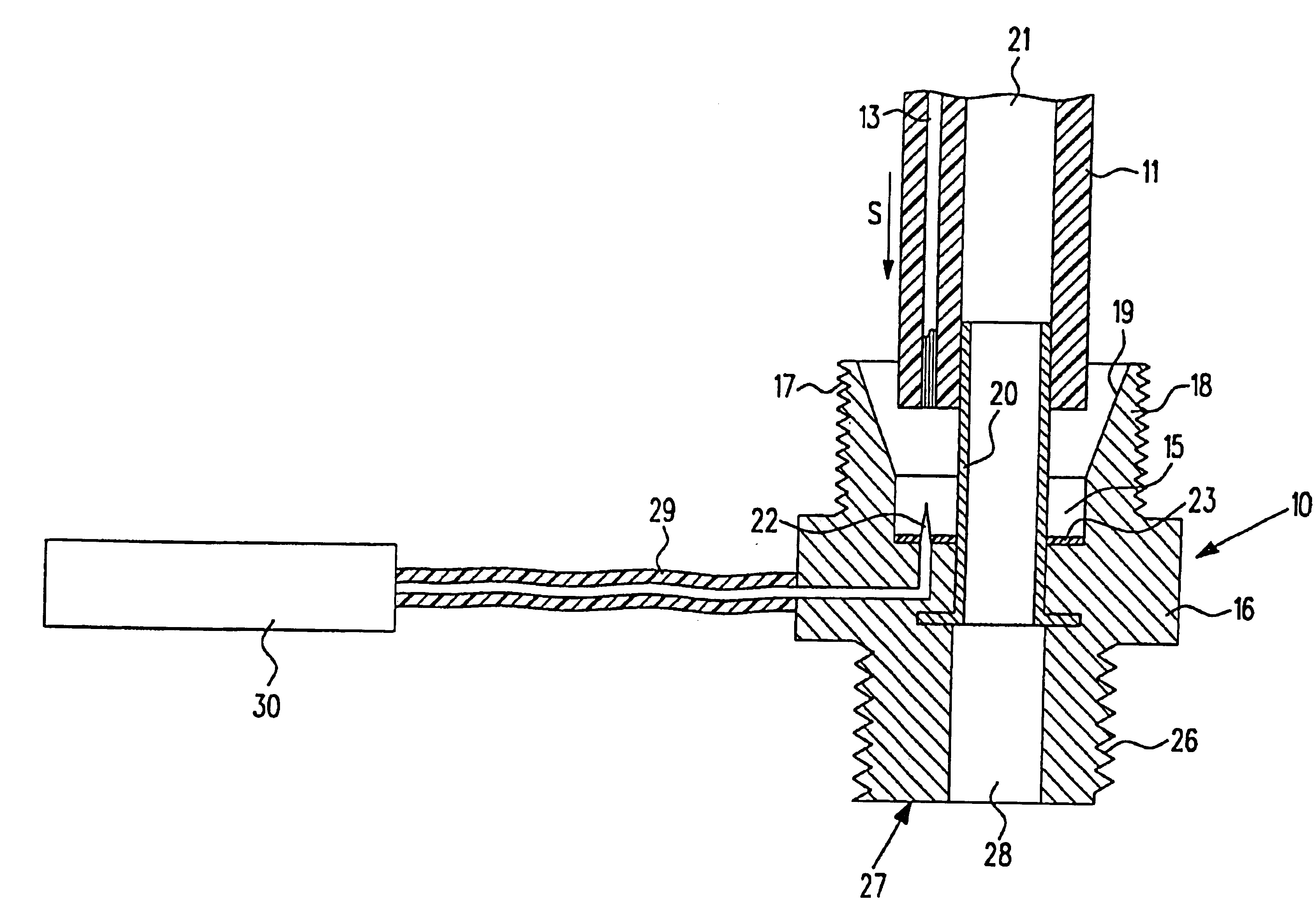 Connector piece for flexible plastic conduits, comprising a sensor assembly