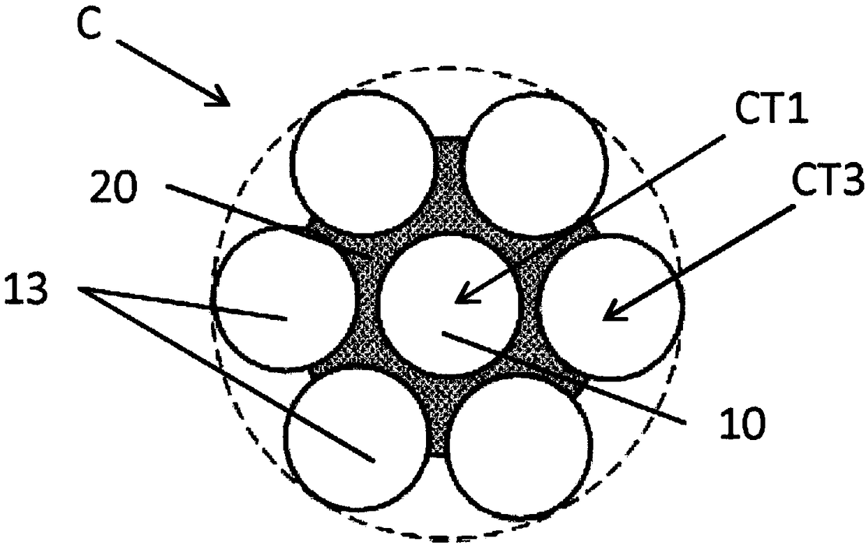 Cable treated with in-situ rubberization and comprising a sizing composition containing a corrosion inhibitor