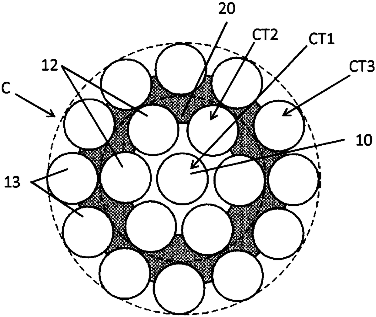 Cable treated with in-situ rubberization and comprising a sizing composition containing a corrosion inhibitor