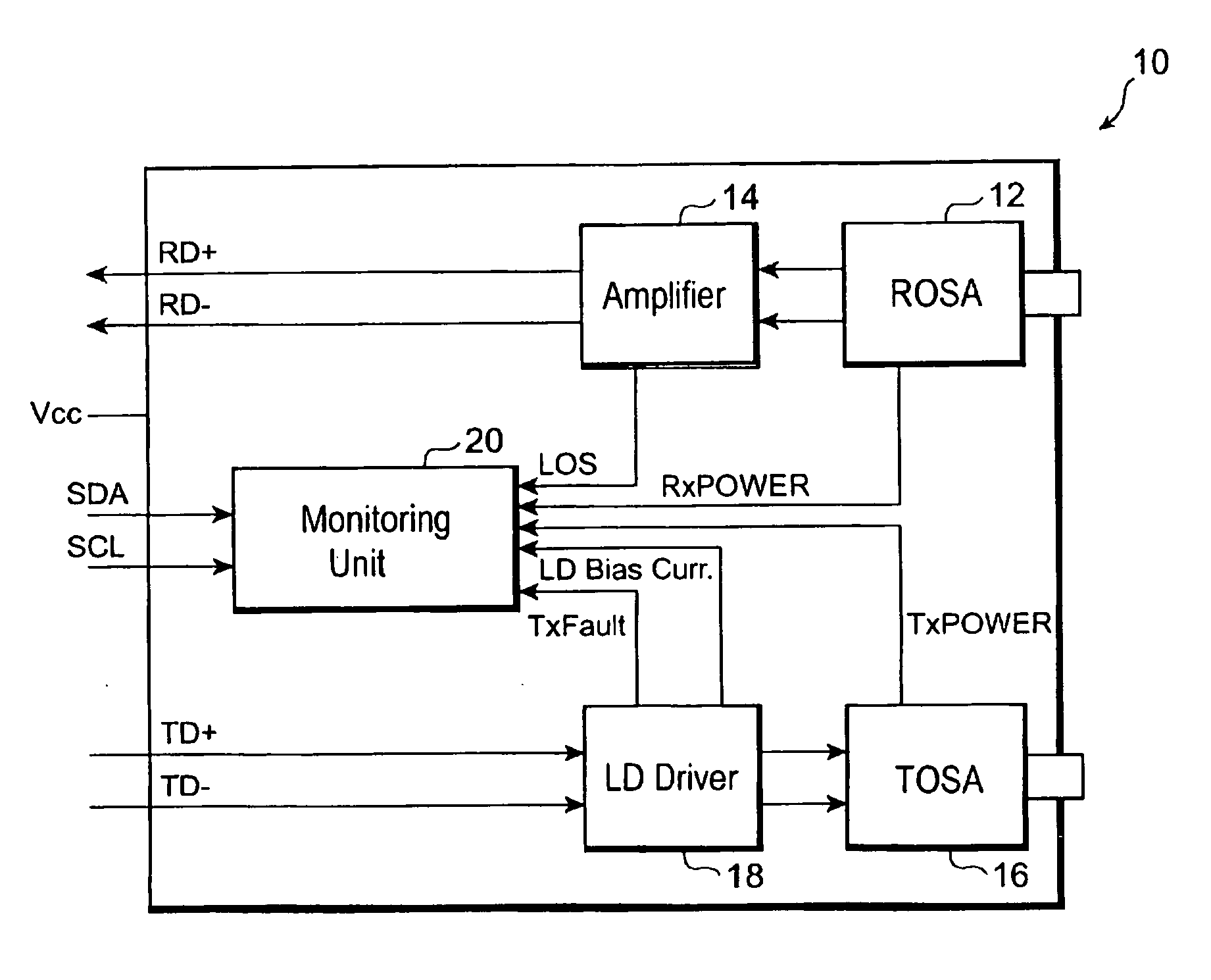 Optical transceiver with function for monitoring operating and ambient conditions