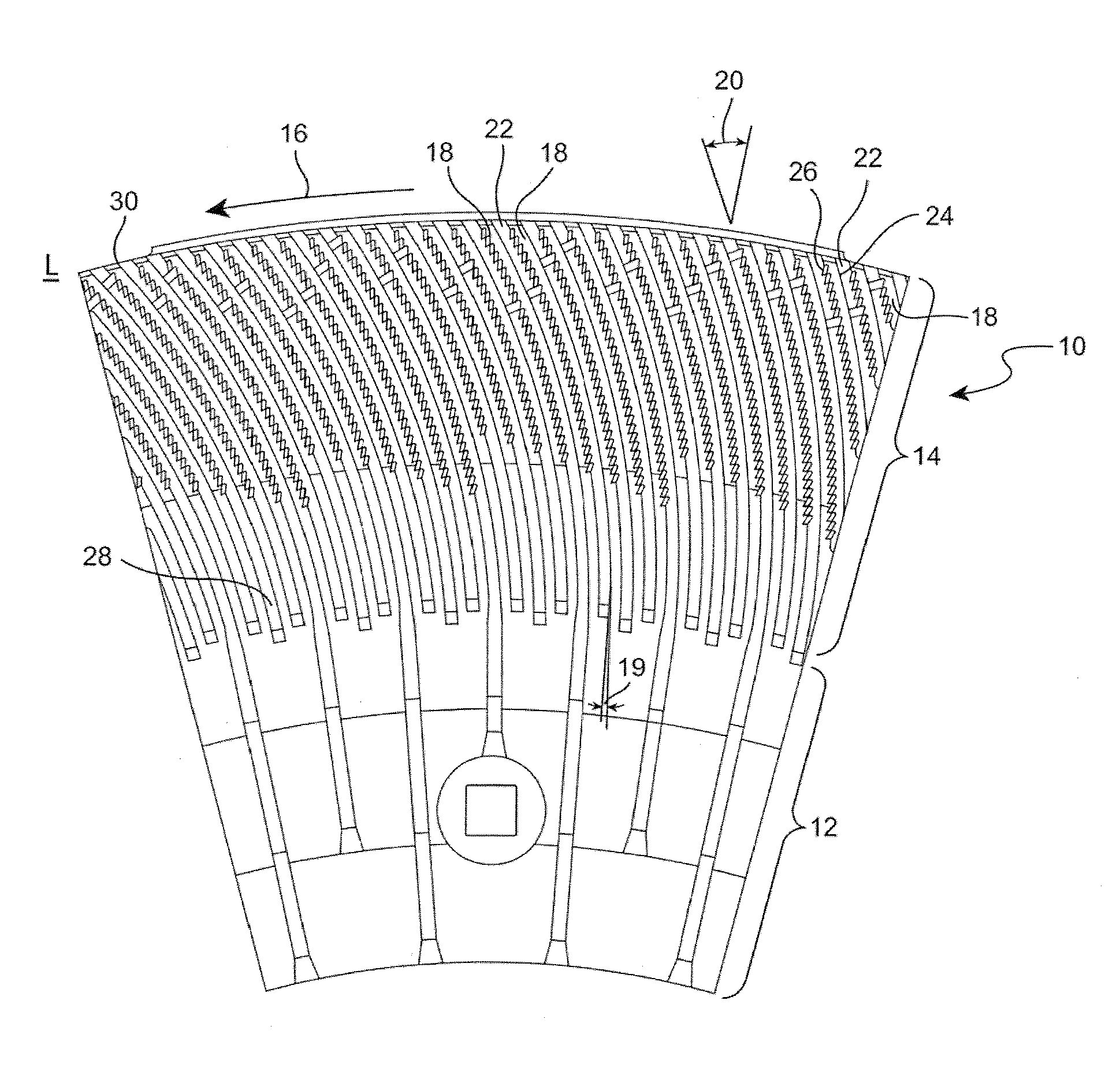 Rotor refiner plate element for counter-rotating refiner having curved bars and serrated leading edges