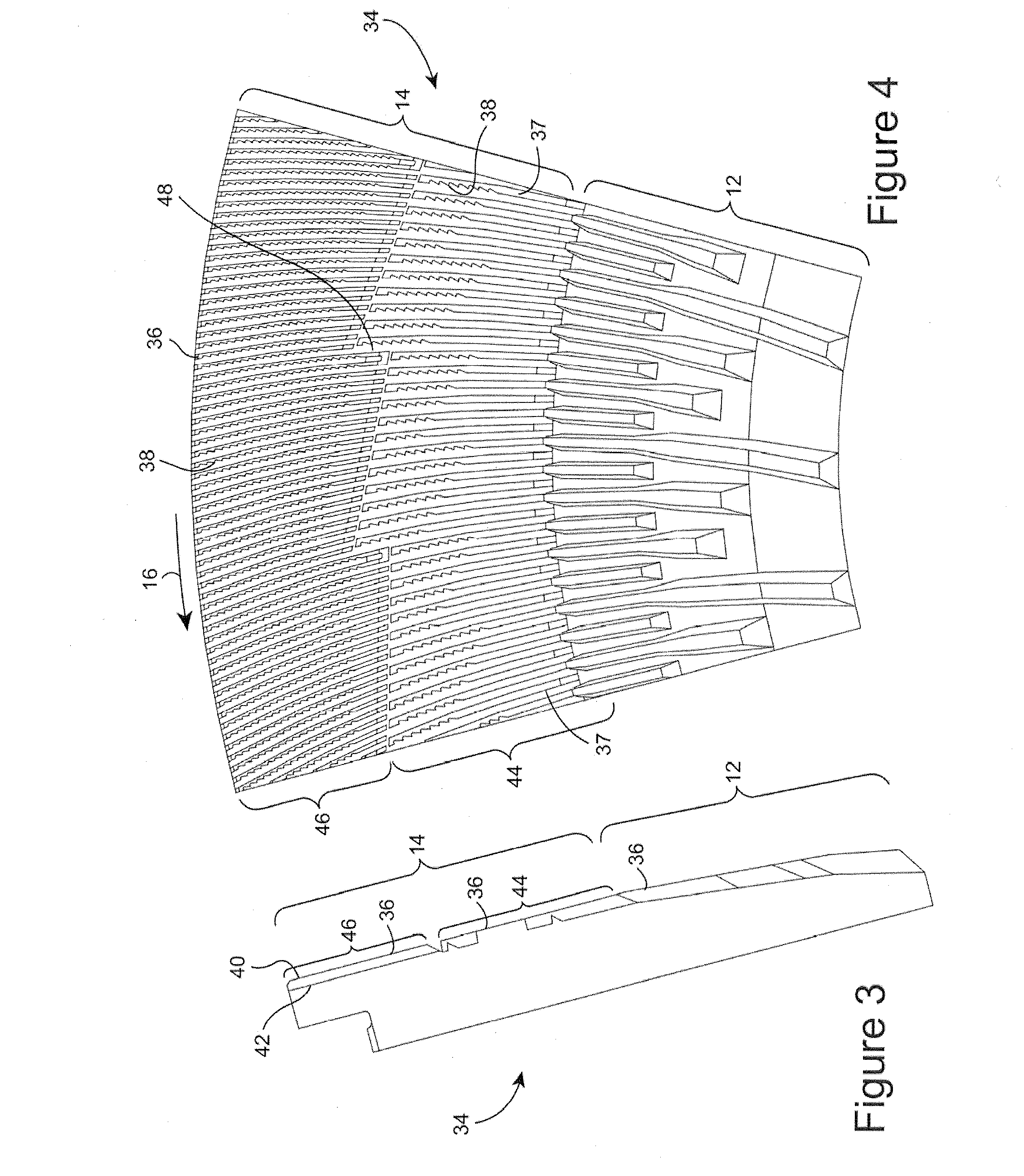 Rotor refiner plate element for counter-rotating refiner having curved bars and serrated leading edges