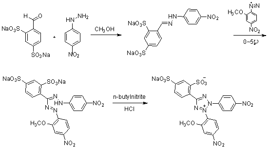 Synthesis method of 2-(2-methoxy-4-nitrophenyl)-3-(4-nitrophenyl)-5-(2,4-disulfophenyl)-2H-tetrazole monosodium salt