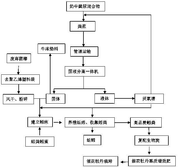 Method for bio-converting cow breeding excrement slurry waste liquid and compounding synergistic fertilizer by combining earthworms with edible fungus dregs