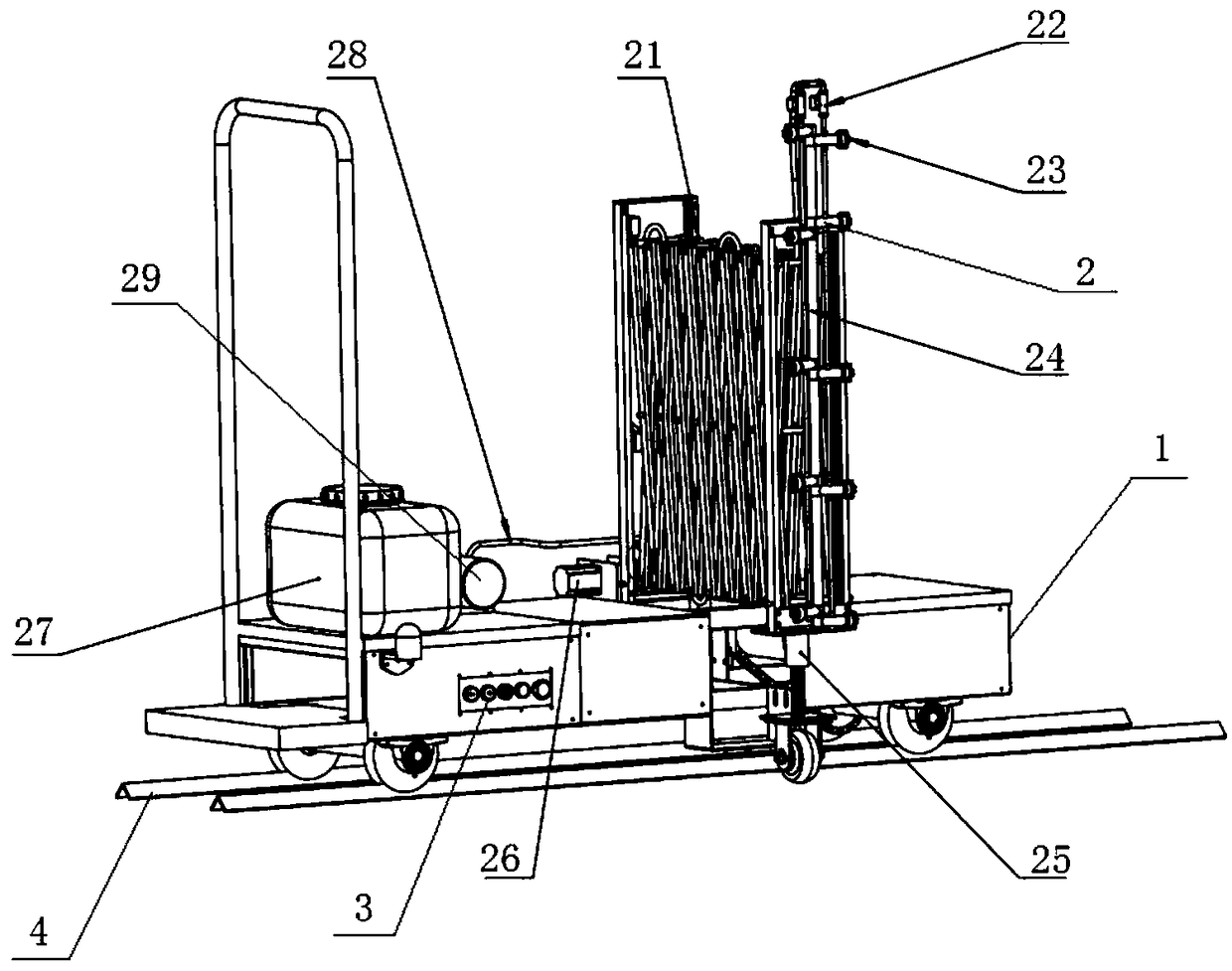 Scissors fork type line-to-line pesticide sprayer for overhead crops of greenhouse