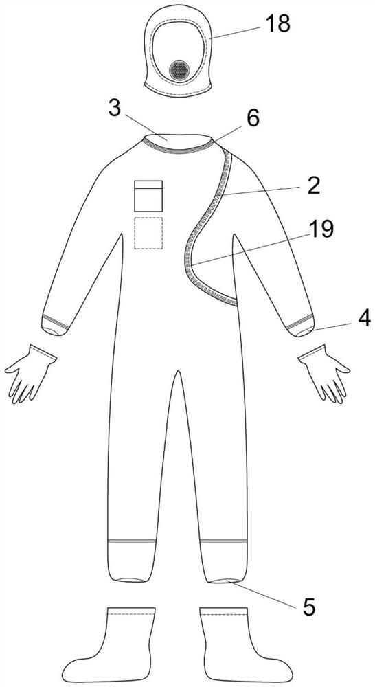 Curve-shaped sealing zipper one-piece protective clothing