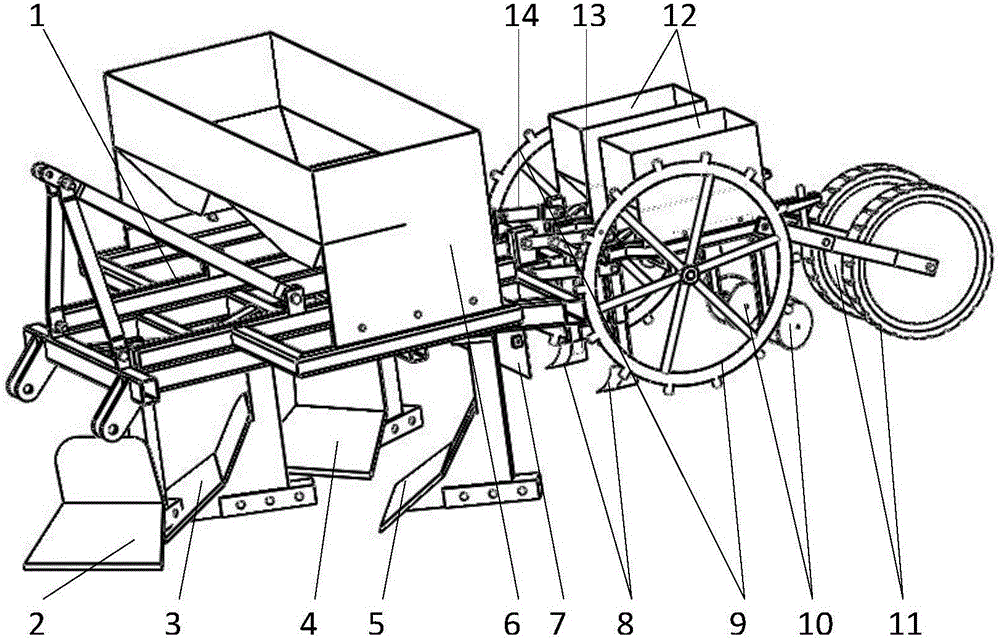 Corn double-line width ridge deep ploughing layering fertilizing seeder