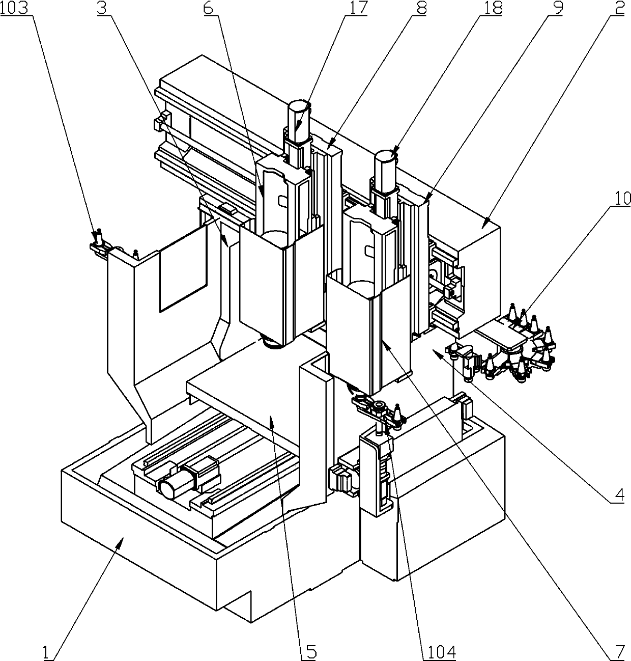 Gantry type numerical control machine tool capable of simultaneously performing tool changing and machining