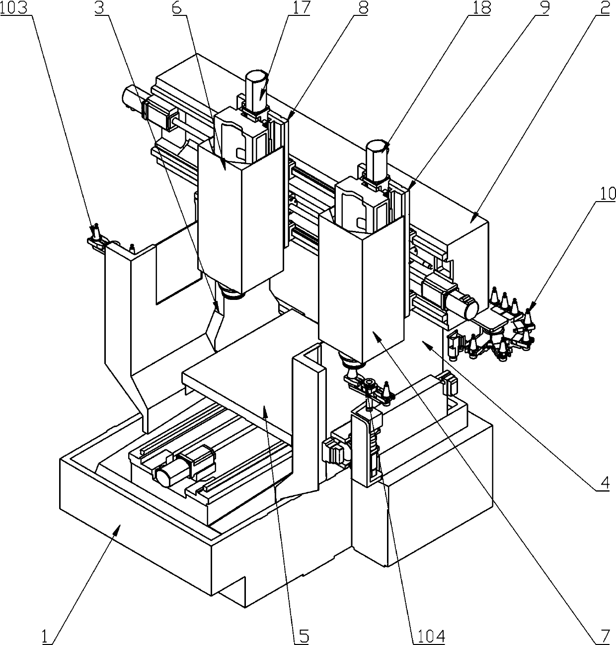 Gantry type numerical control machine tool capable of simultaneously performing tool changing and machining