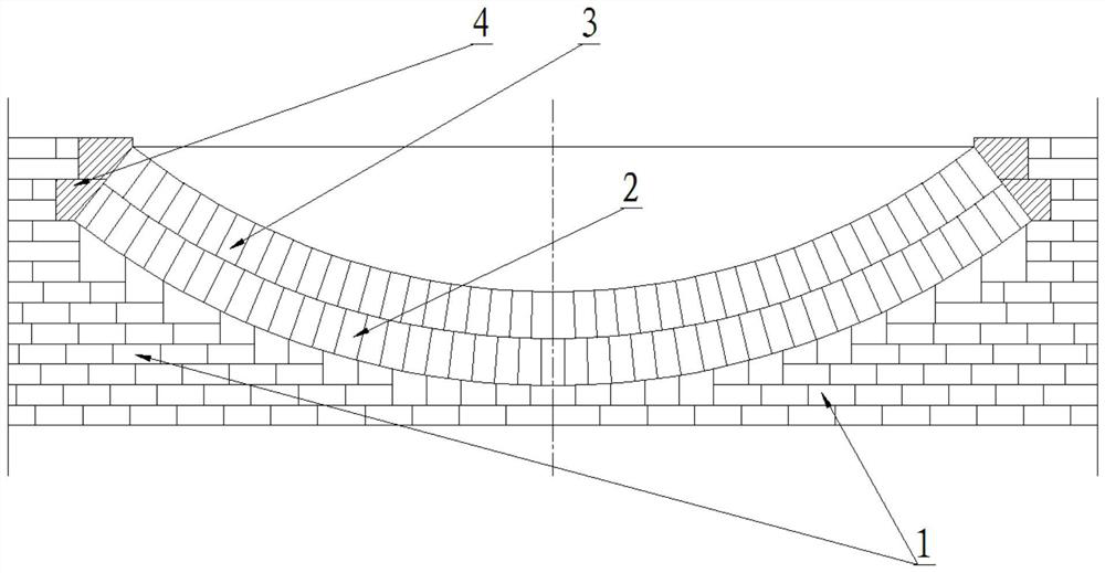 Lining double-arch masonry structure in mouth area of horizontal converter