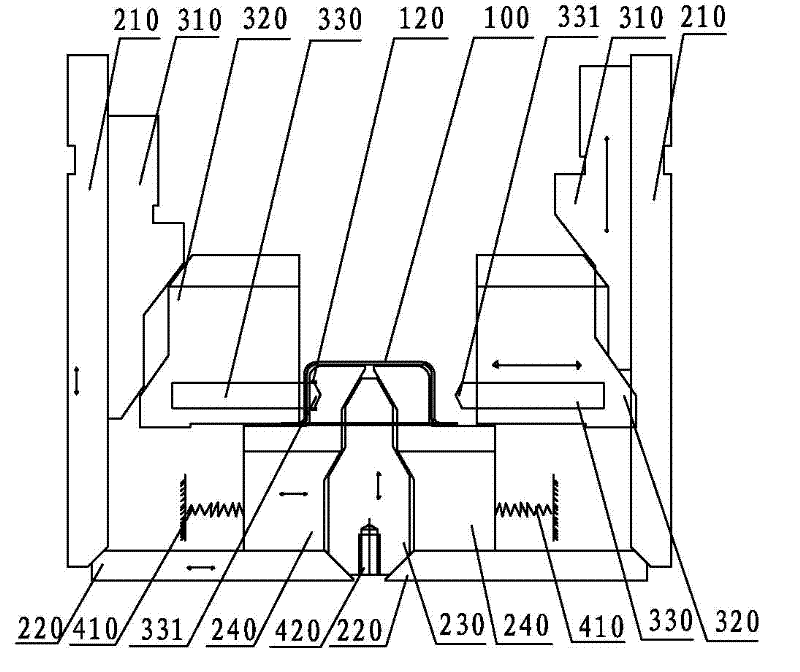 Integrated structure of double-side punching and double-side hole flanging of progressive die for double-hole shielding cover