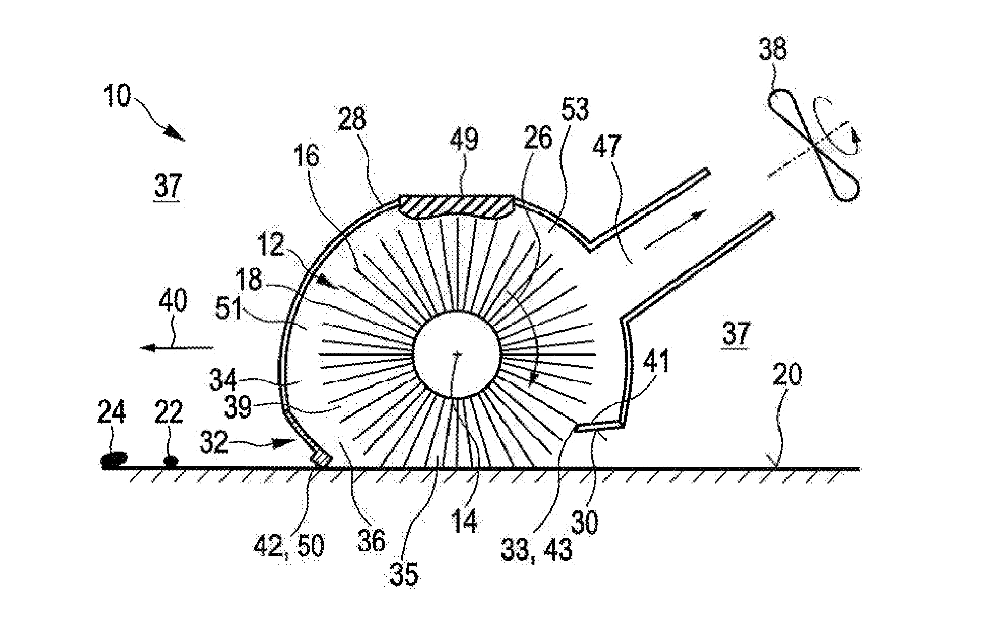 Cleaning device for cleaning a surface comprising a brush and a squeegee element