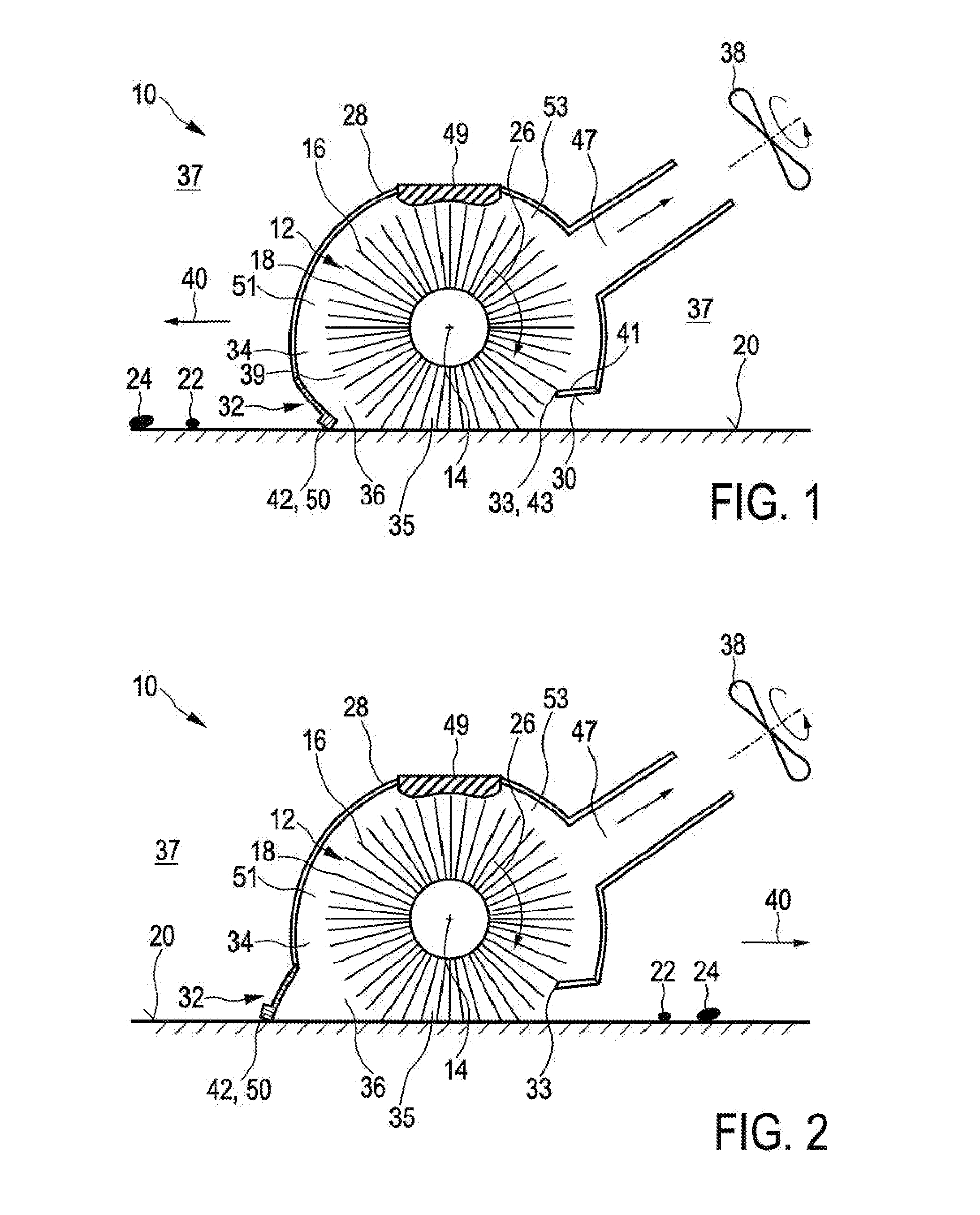 Cleaning device for cleaning a surface comprising a brush and a squeegee element