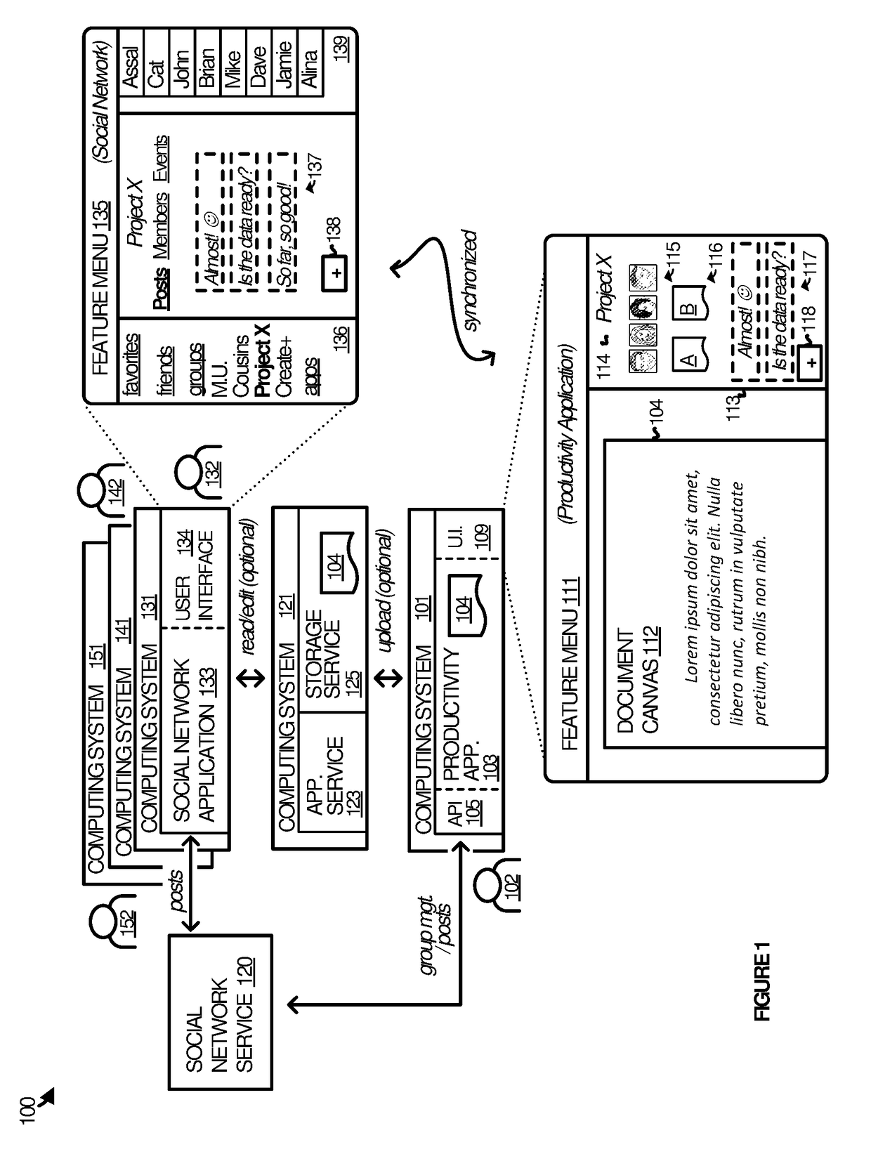 Productivity applications with views of social network group features