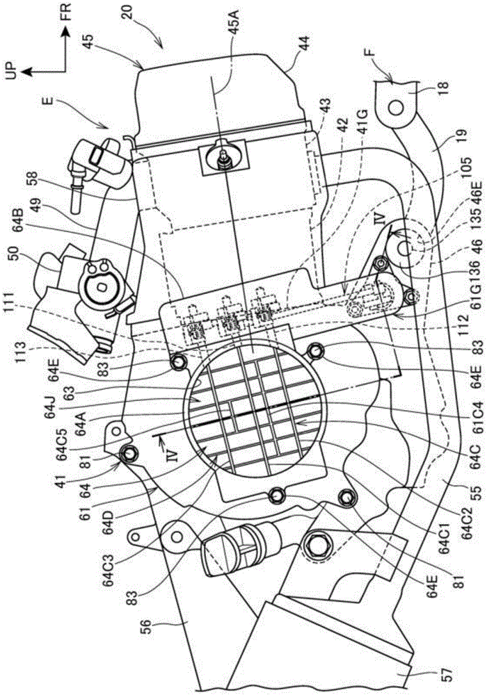 A cooling device for a unit swing type internal combustion engine