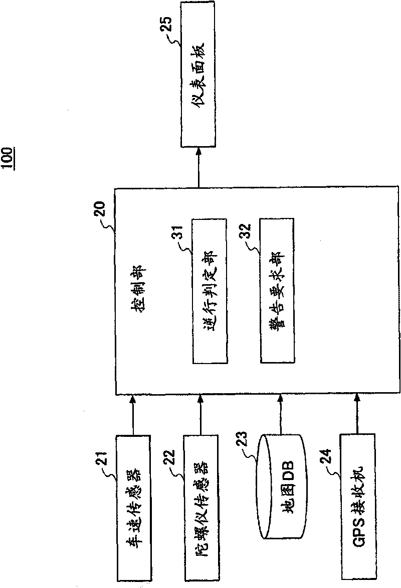 Wrong-way travel warning device and wrong-way travel warning method