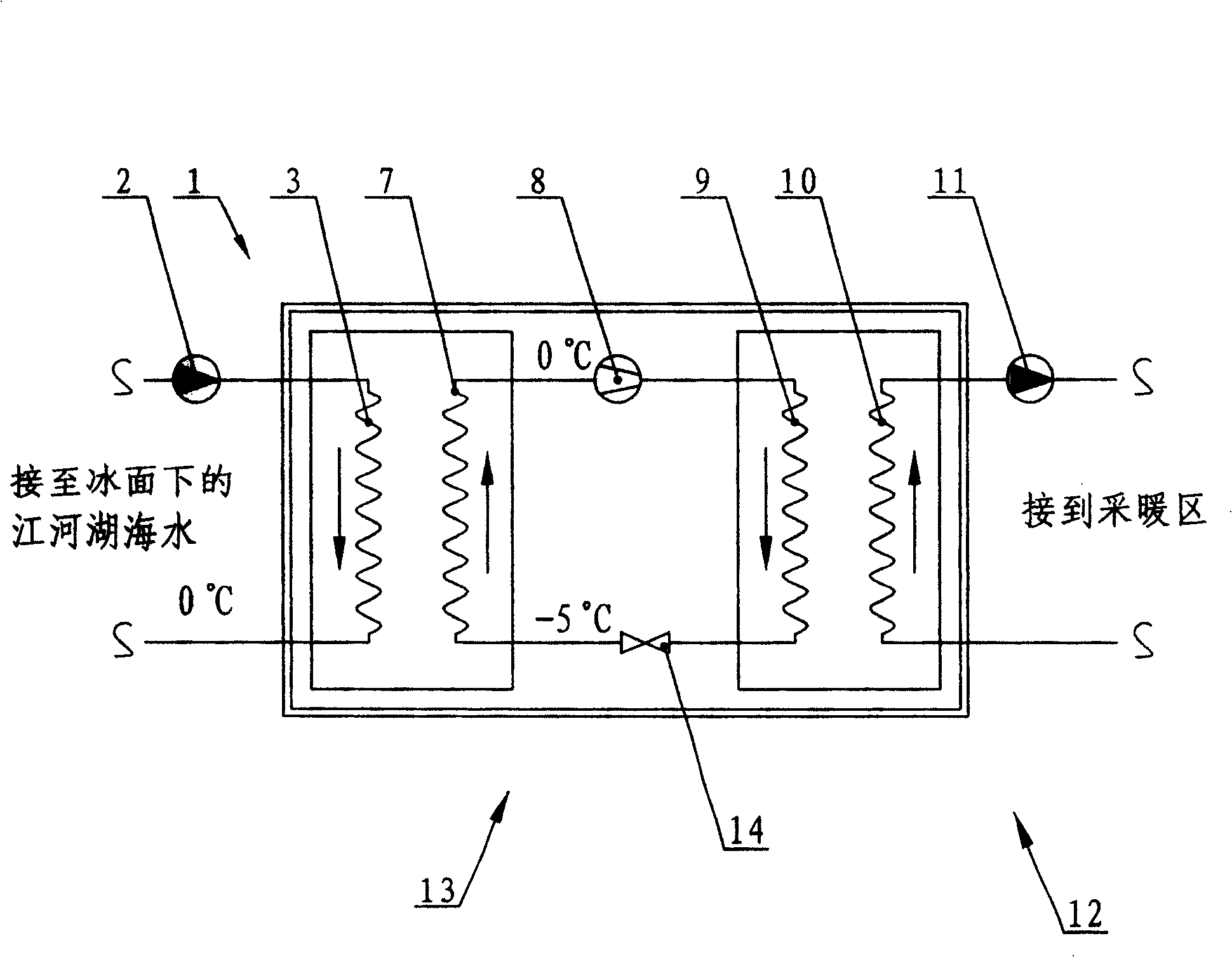 Extracting system of thermal energy of water of rivers, lakes and seas below the ice surface